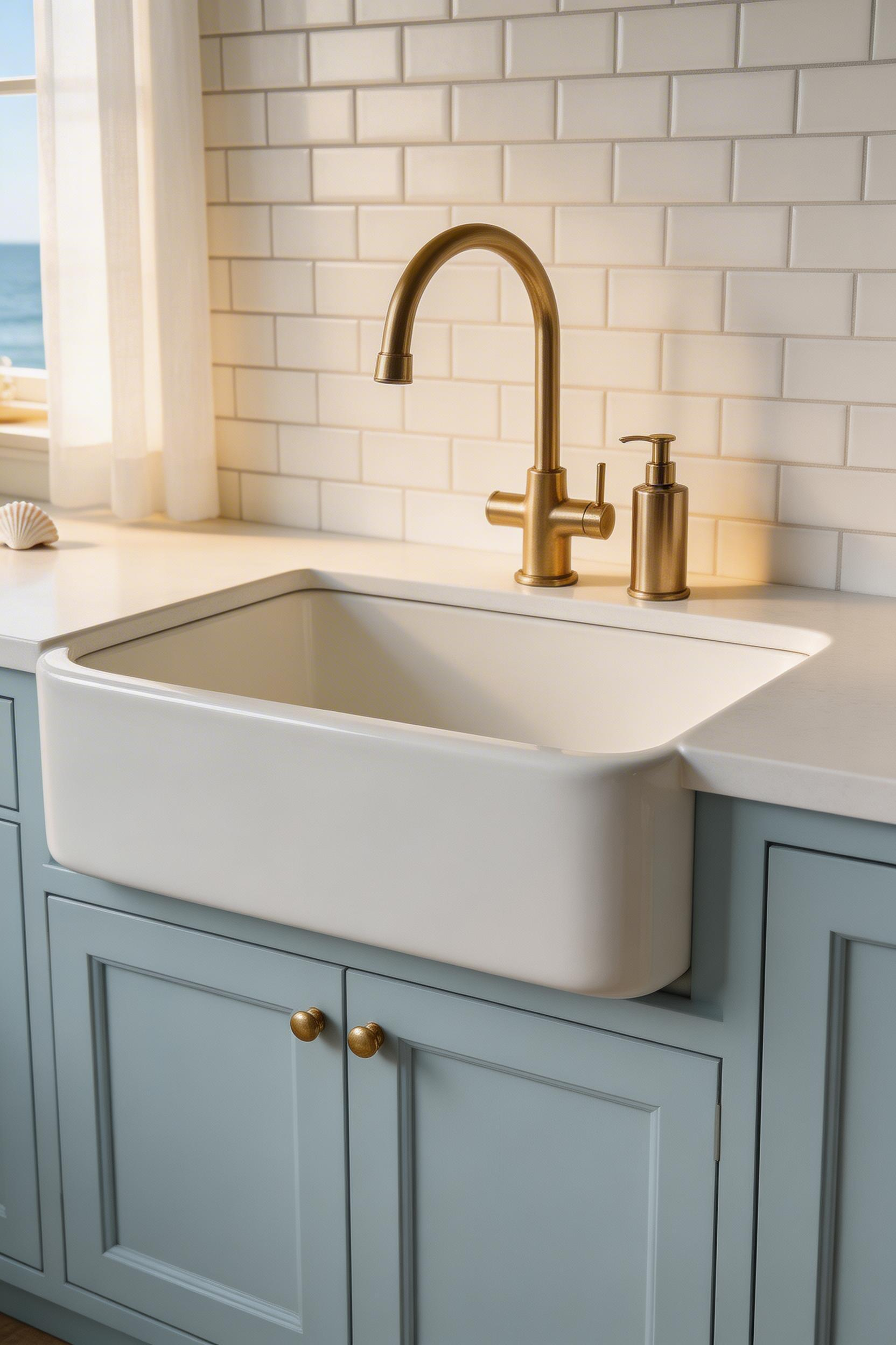A white fireclay apron-front sink paired with brushed brass fixtures is the coastal kitchen's signature centrepiece — the warm metal against matte white ceramic is timeless.
