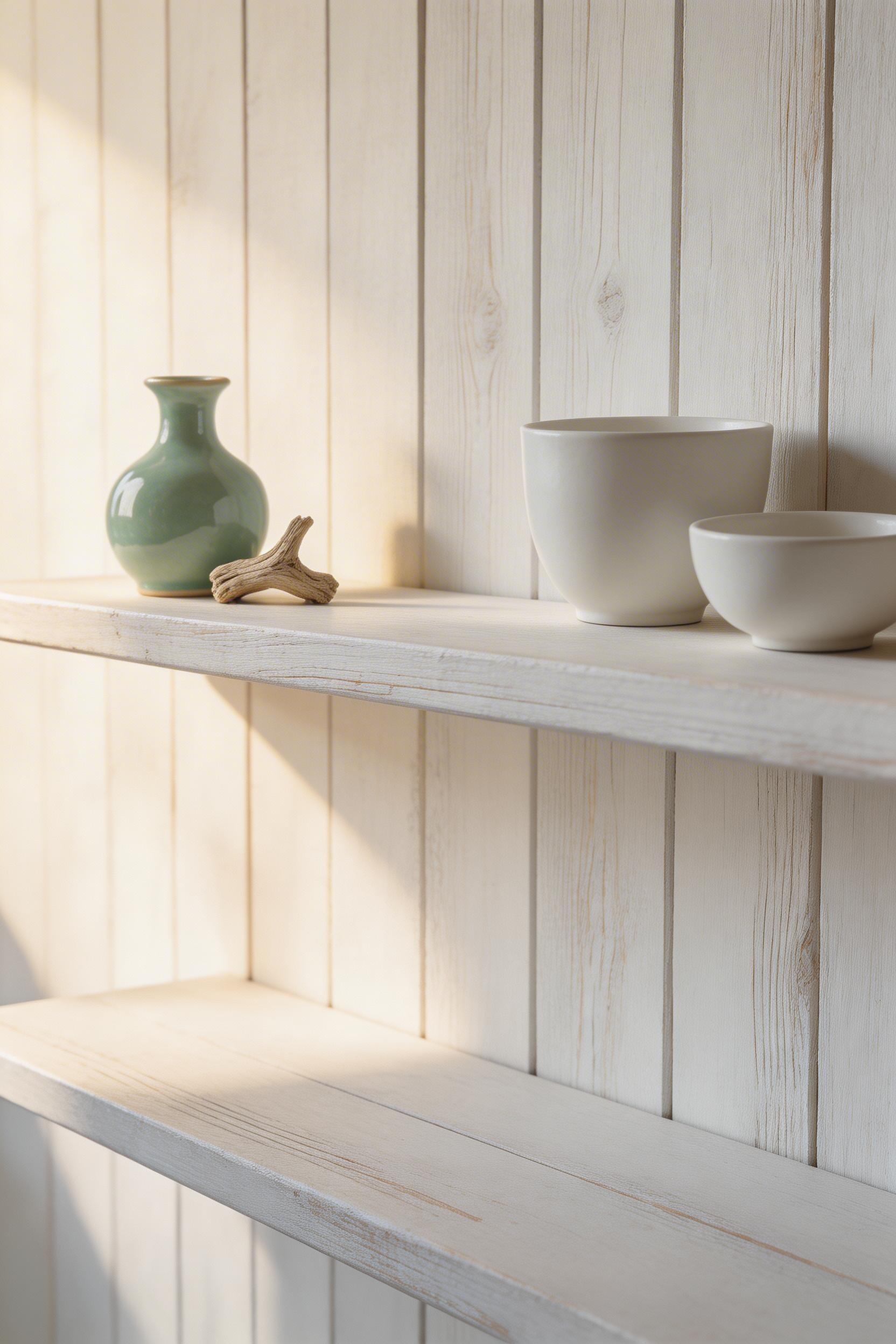 Glazed coastal ceramics grouped by colour family with generous negative space is the difference between a curated shelf and a cluttered one.
