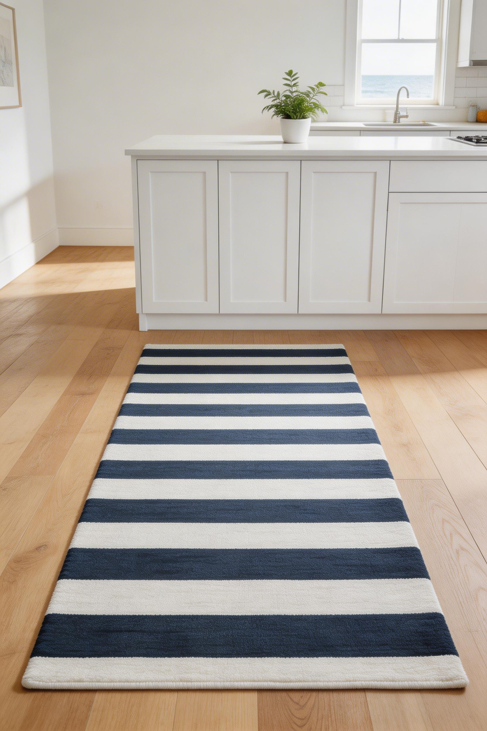 A navy-and-white stripe runner grounds the kitchen work zone while adding the most legible nautical pattern in coastal design.