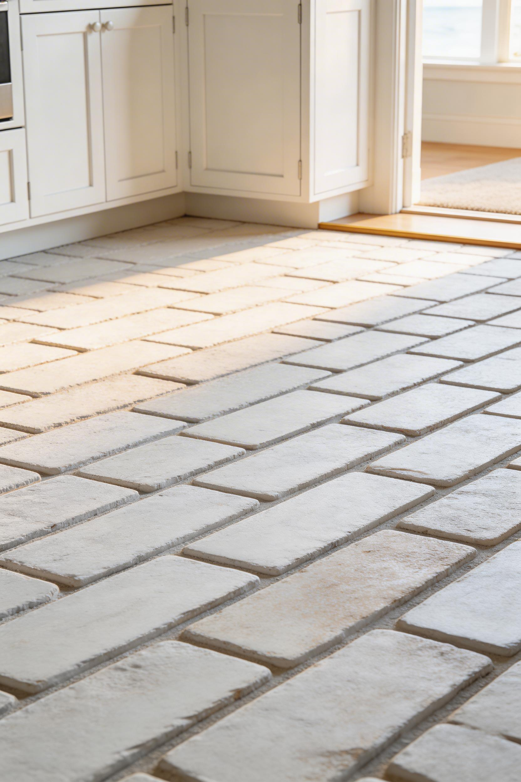 Whitewashed brick floor tiles replicate the sun-bleached masonry of actual coastal buildings — the texture adds warmth underfoot that no large-format tile can match.