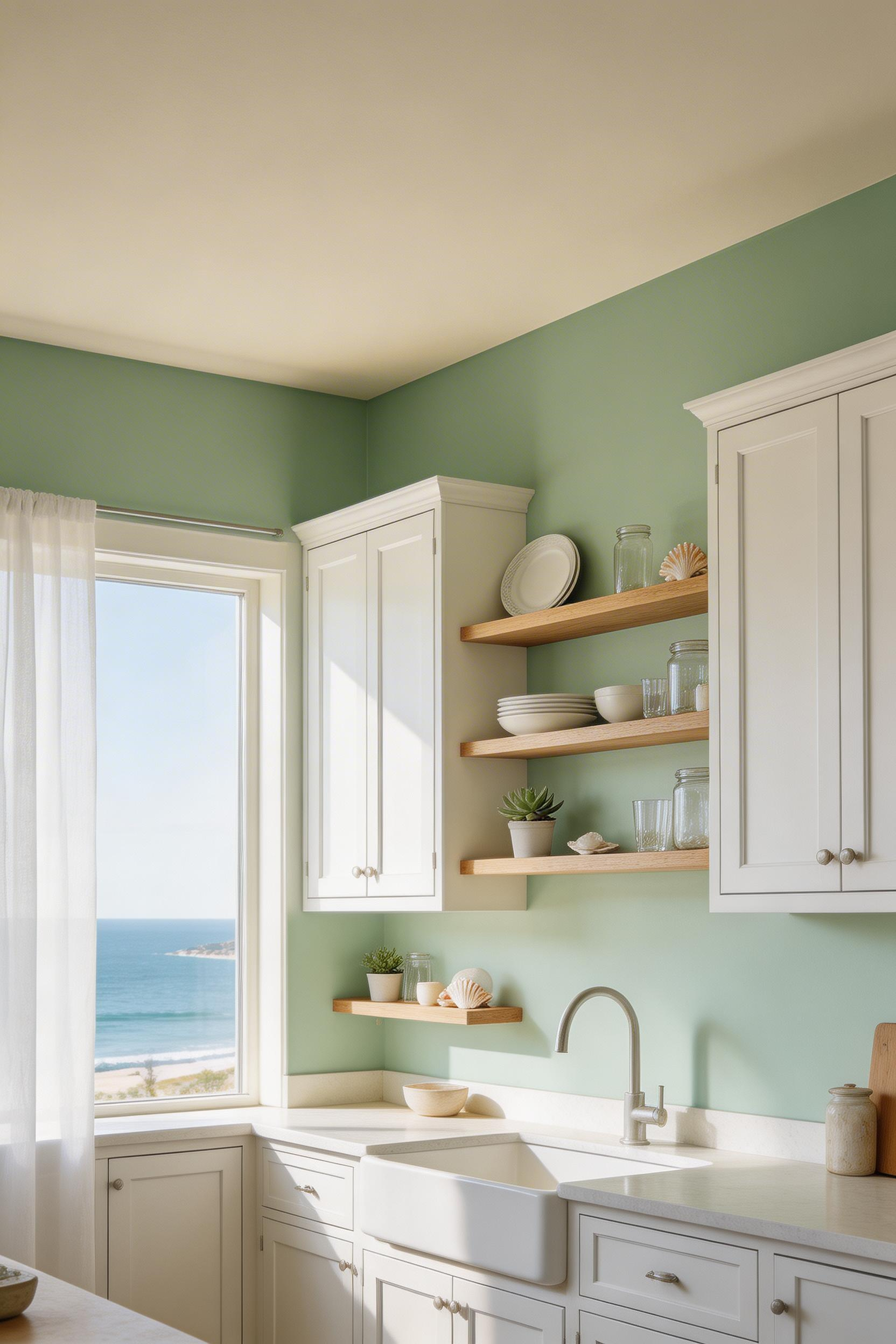 Sea Salt green walls with warm white cabinetry and ceiling demonstrate how a well-chosen coastal kitchen paint colour changes the entire character of the space.
