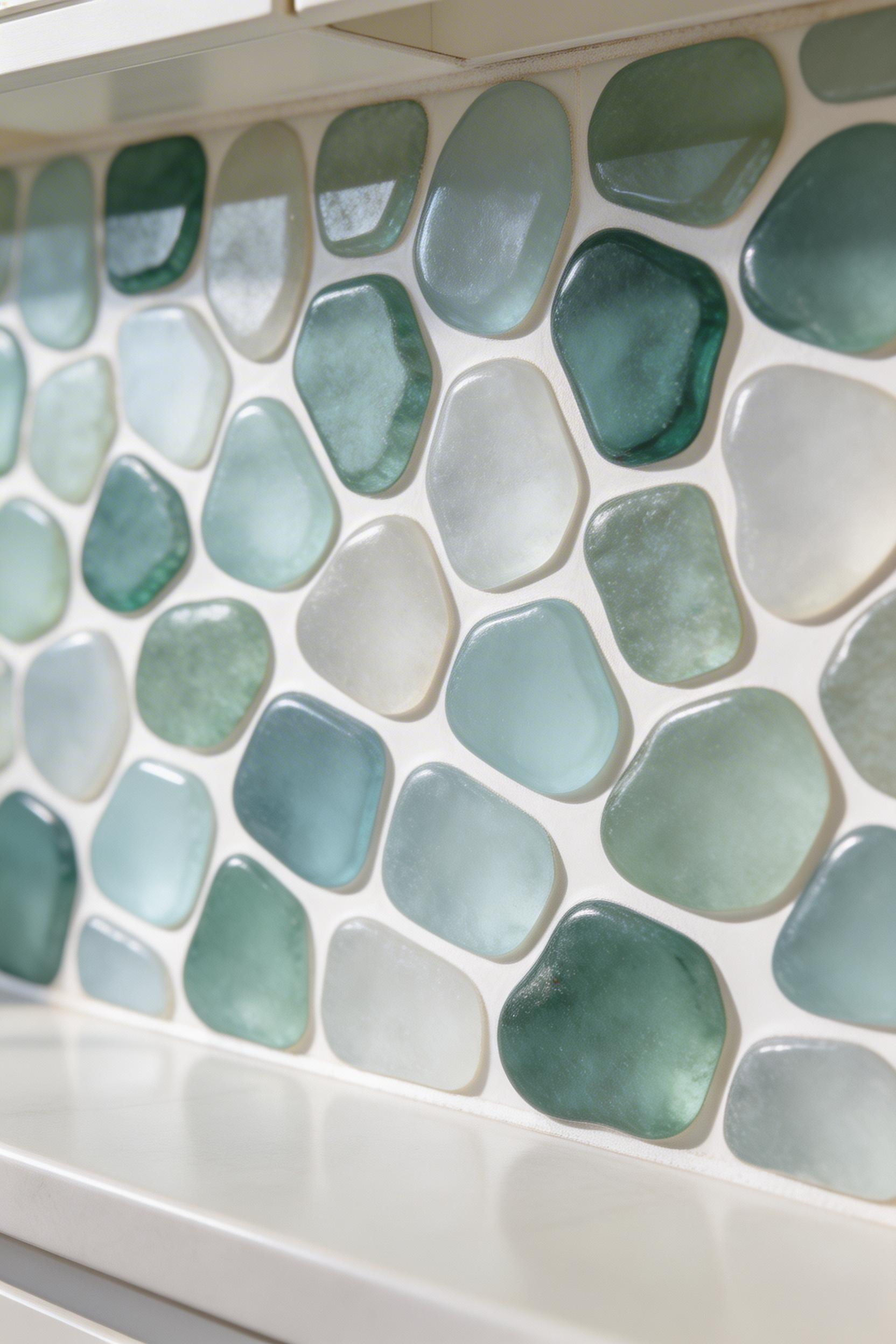 Sea glass backsplash tiles scatter morning light across the kitchen in a way standard subway tile cannot — the frosted surface is the whole point.