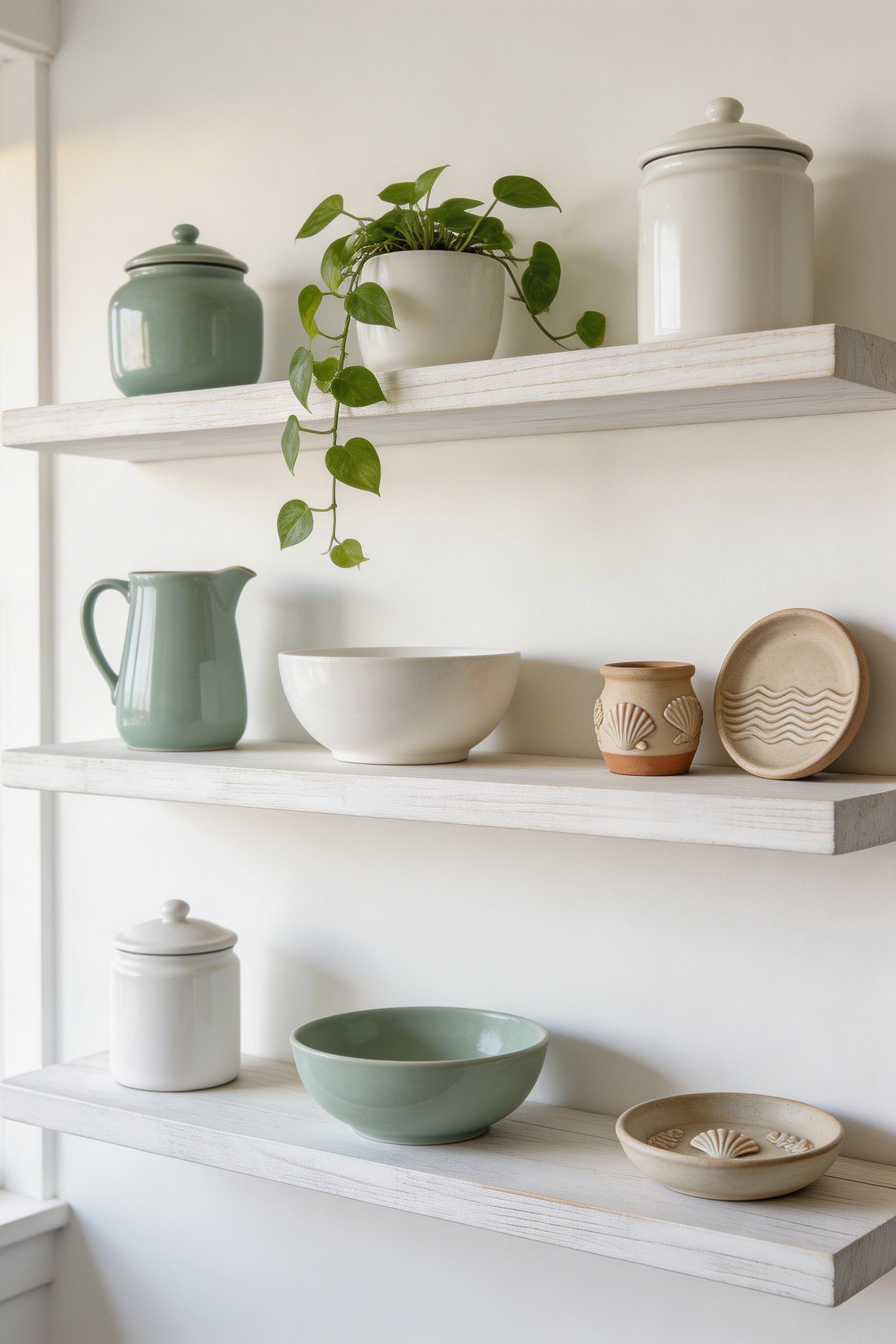 Whitewashed oak shelving creates the sun-bleached driftwood quality that makes coastal open shelving feel authentic rather than curated.