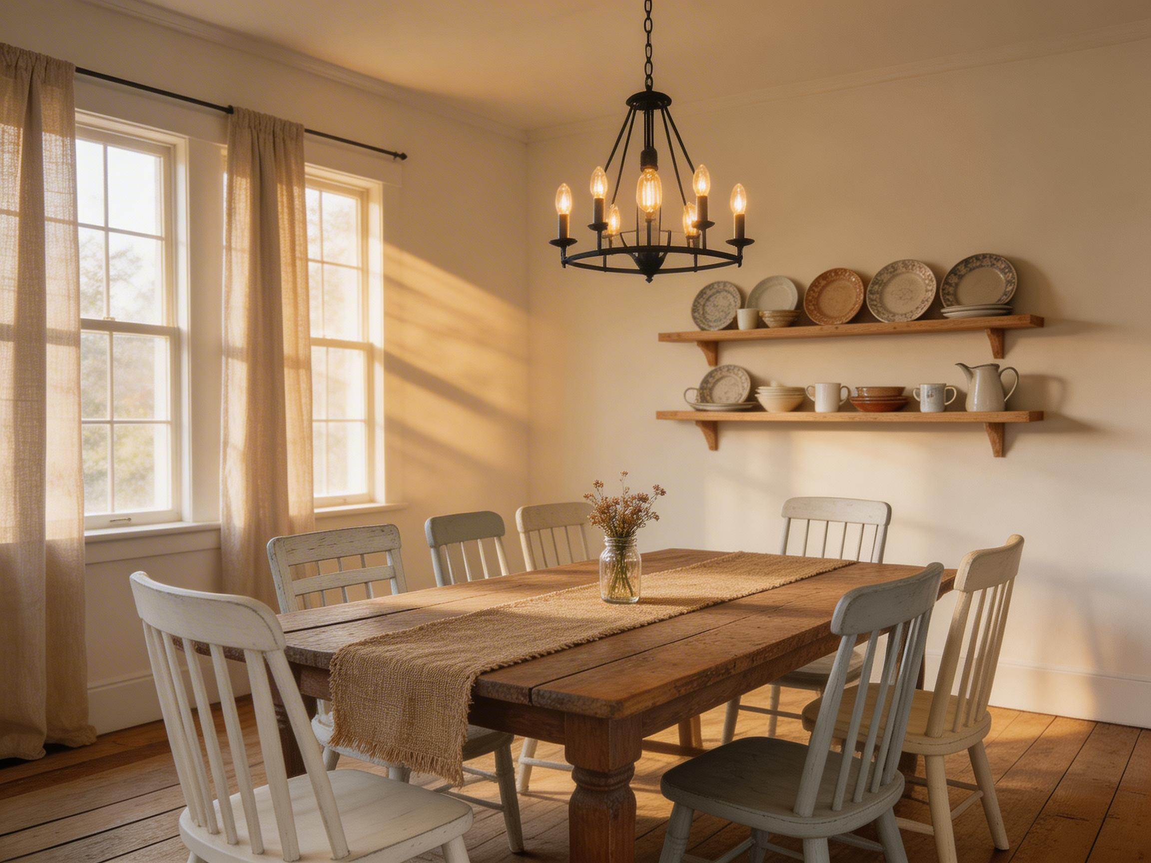 The complete rustic dining room: reclaimed wood table, mismatched farmhouse chairs, Edison chandelier, open shelving, and layered natural textiles working together in a warm, inviting space.