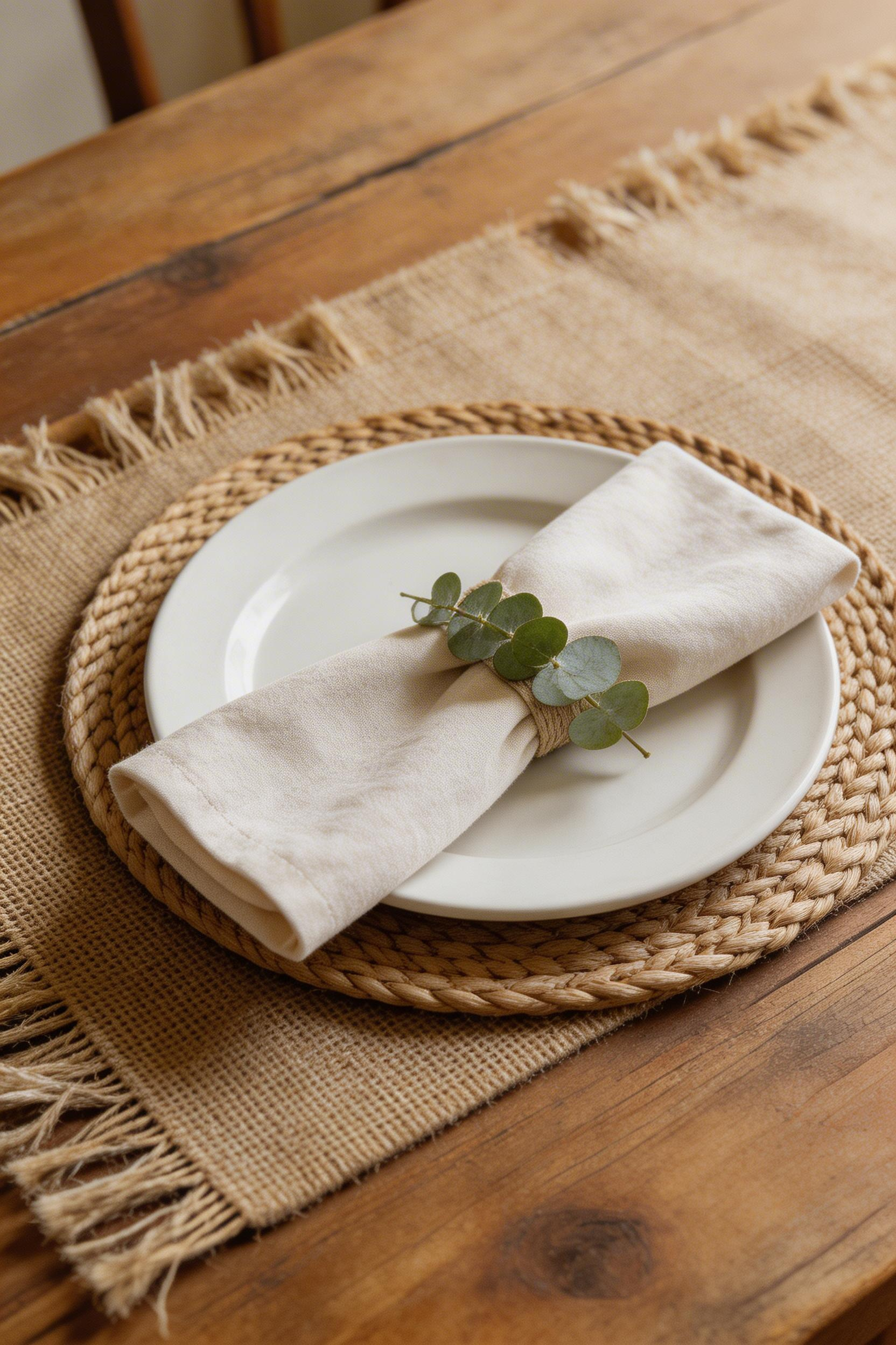 A natural burlap runner with raw-fringe edges grounds the table setting in the organic, earthy materials that define rustic dining room style.