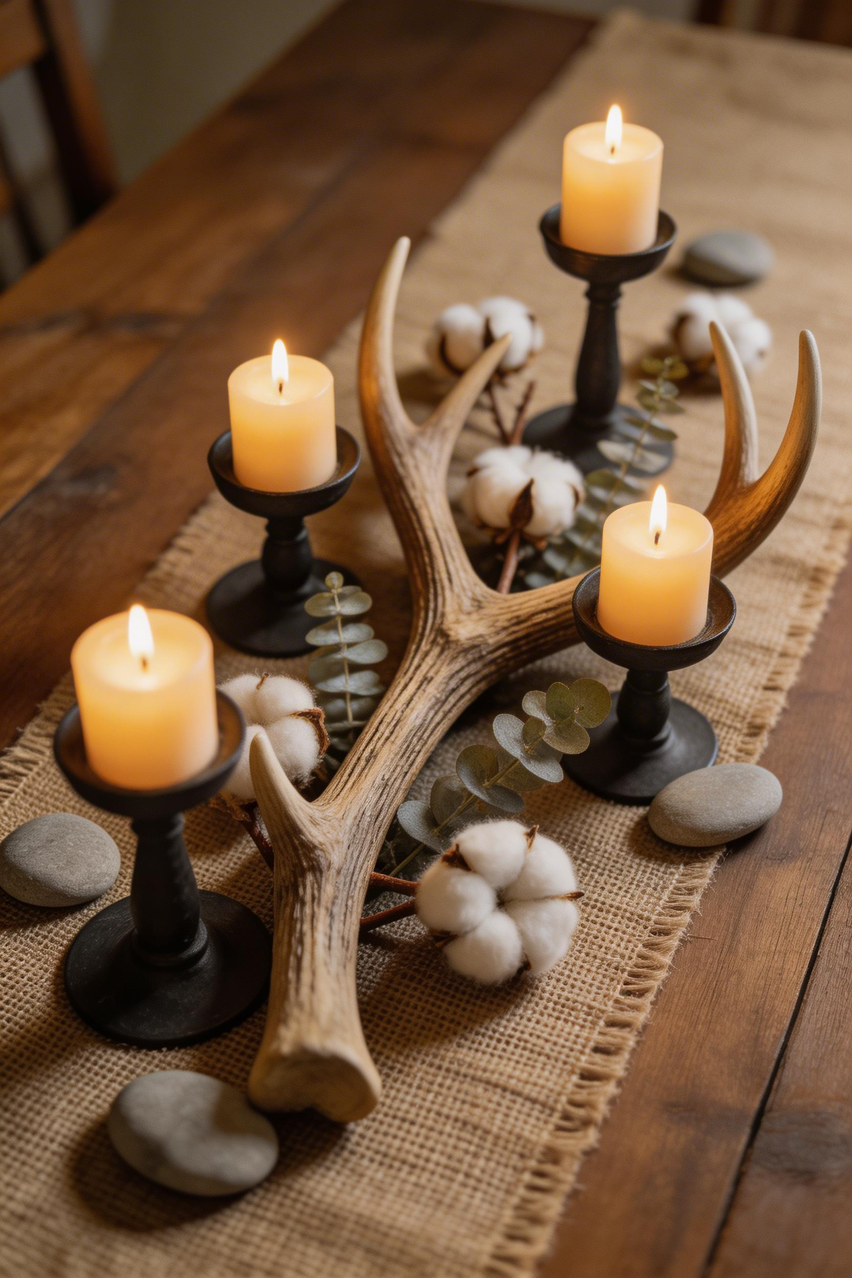 A faux antler centerpiece layered with pillar candles and dried botanicals creates a year-round rustic tablescape that looks foraged and genuinely personal.