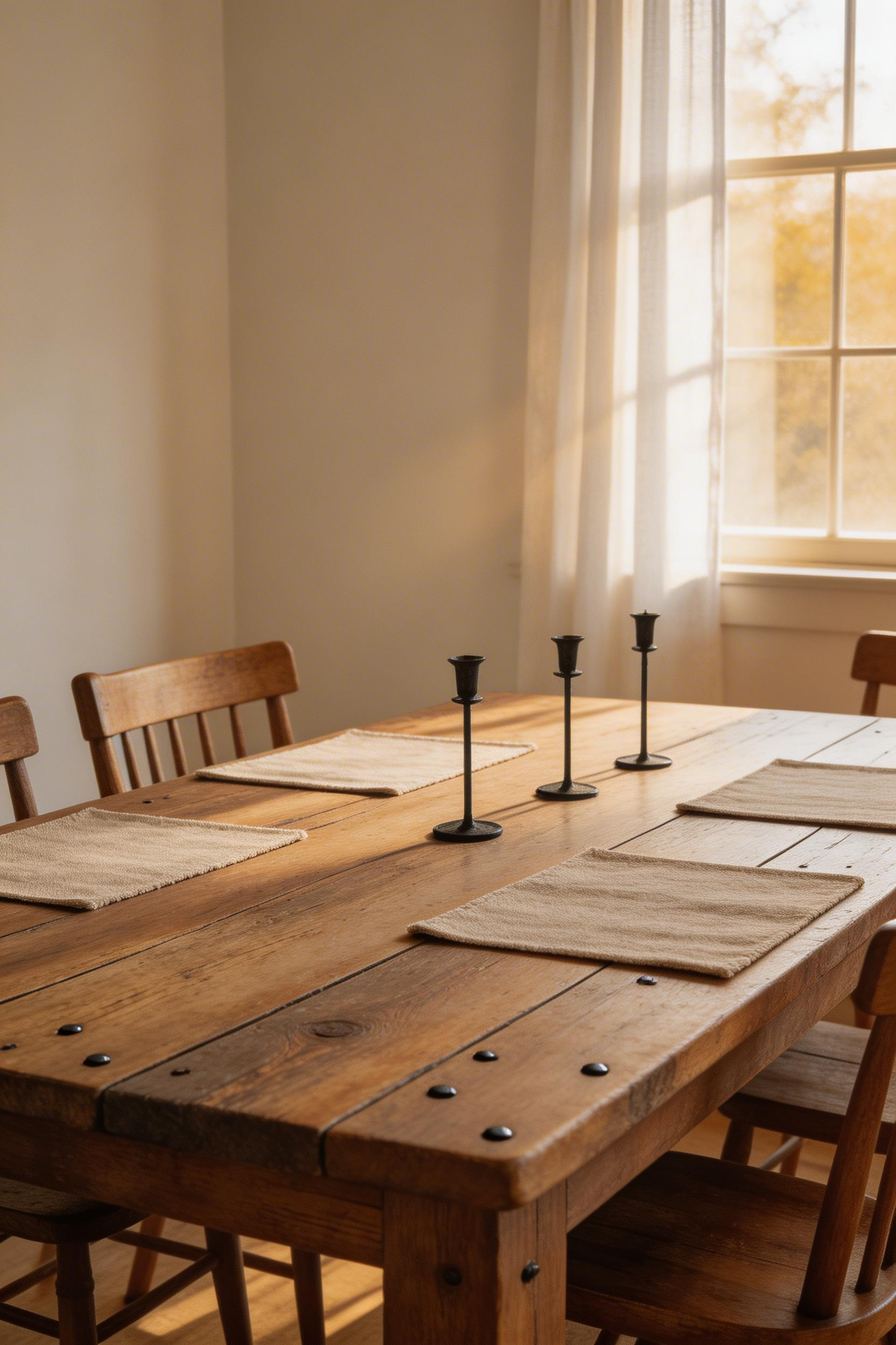 A reclaimed barn wood table with wide planks and natural aging brings authentic character to this rustic dining room — no artificial distressing needed.