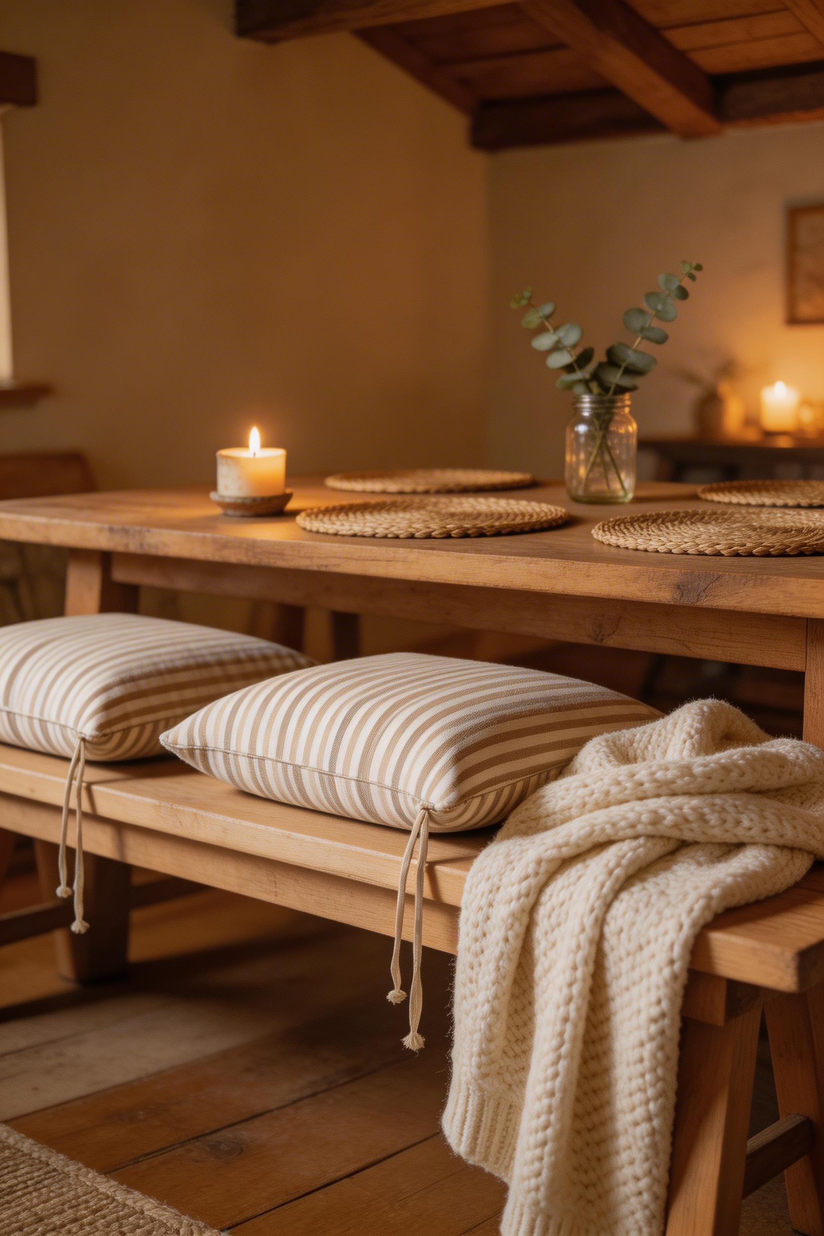 A chunky knit throw draped over the end of a dining bench is the fastest way to make a rustic dining room feel genuinely cozy rather than simply styled.