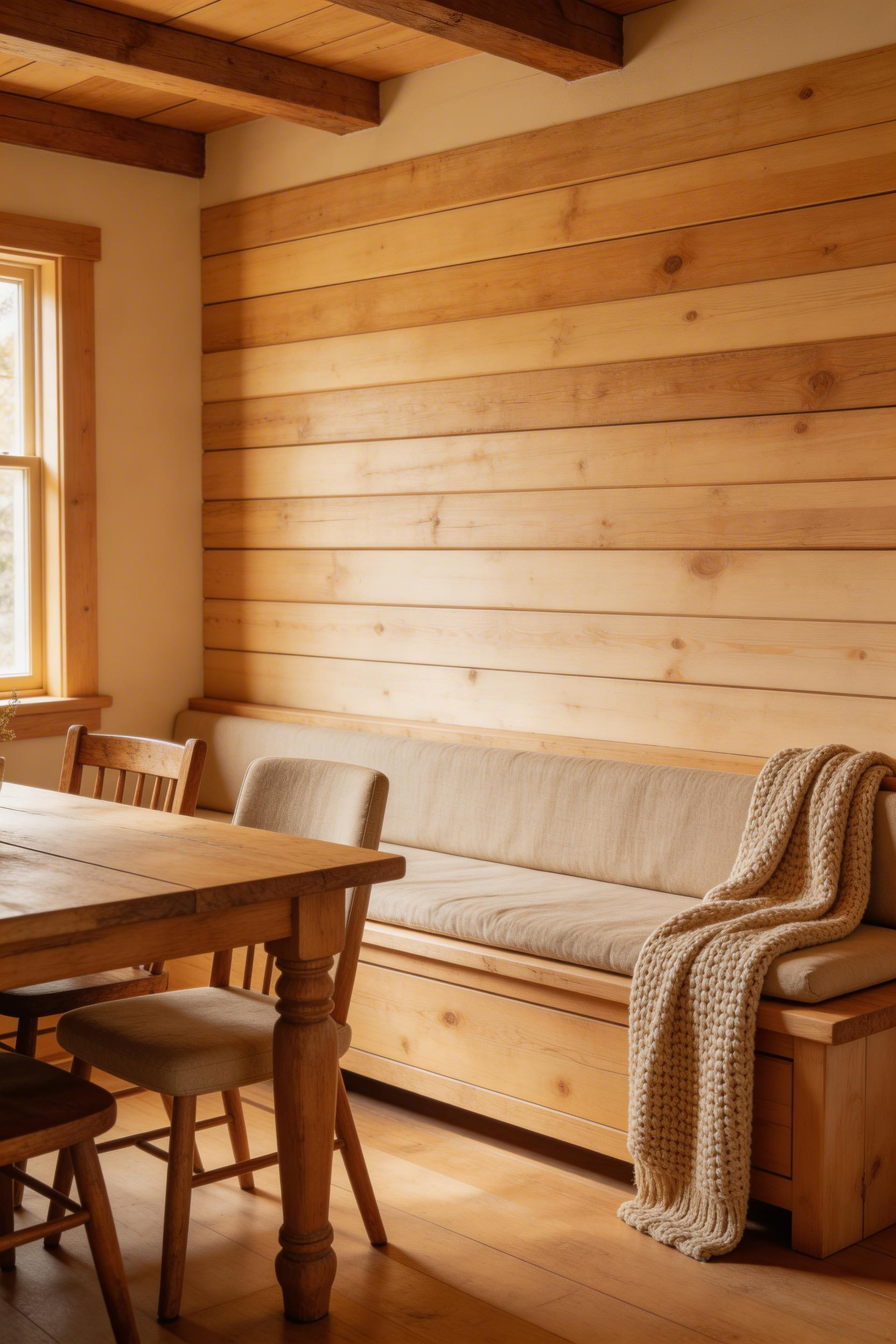 A DIY built-in dining bench along one wall adds farmhouse permanence, maximizes seating, and delivers hidden storage in a single straightforward weekend build.