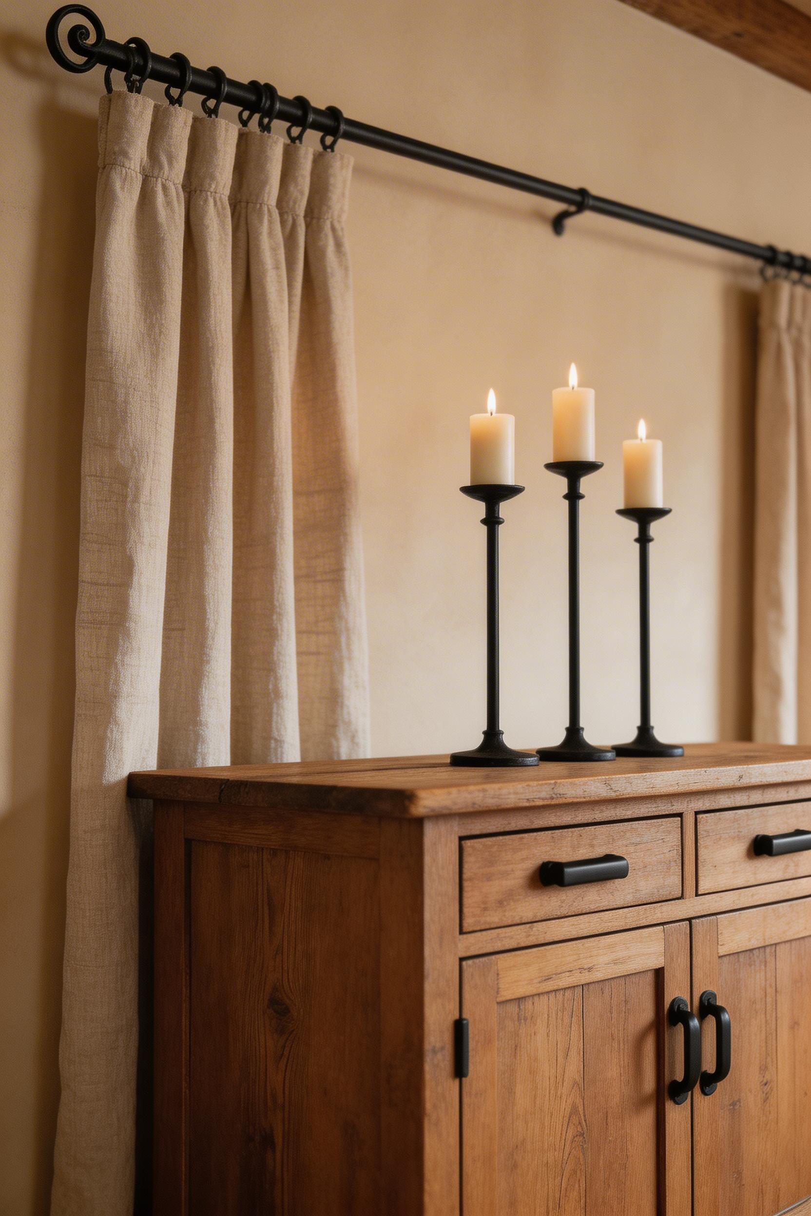 Wrought iron hardware and matte black fixtures are the connective thread that ties wood, stone, and textile elements into a cohesive rustic dining room scheme.