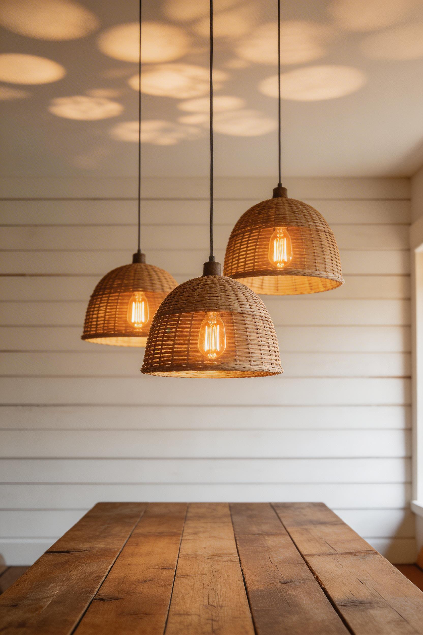 Three rattan pendants hung at slightly varying heights over a long farmhouse table distribute light evenly and cast beautiful dappled patterns on the ceiling above.