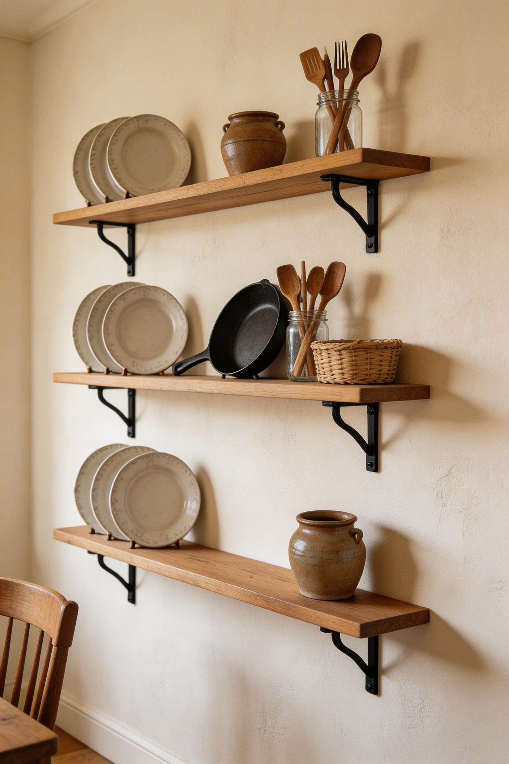 Pine floating shelves styled with vintage ironstone, mason jars, and cast iron create a display that's practical, personal, and thoroughly rustic.
