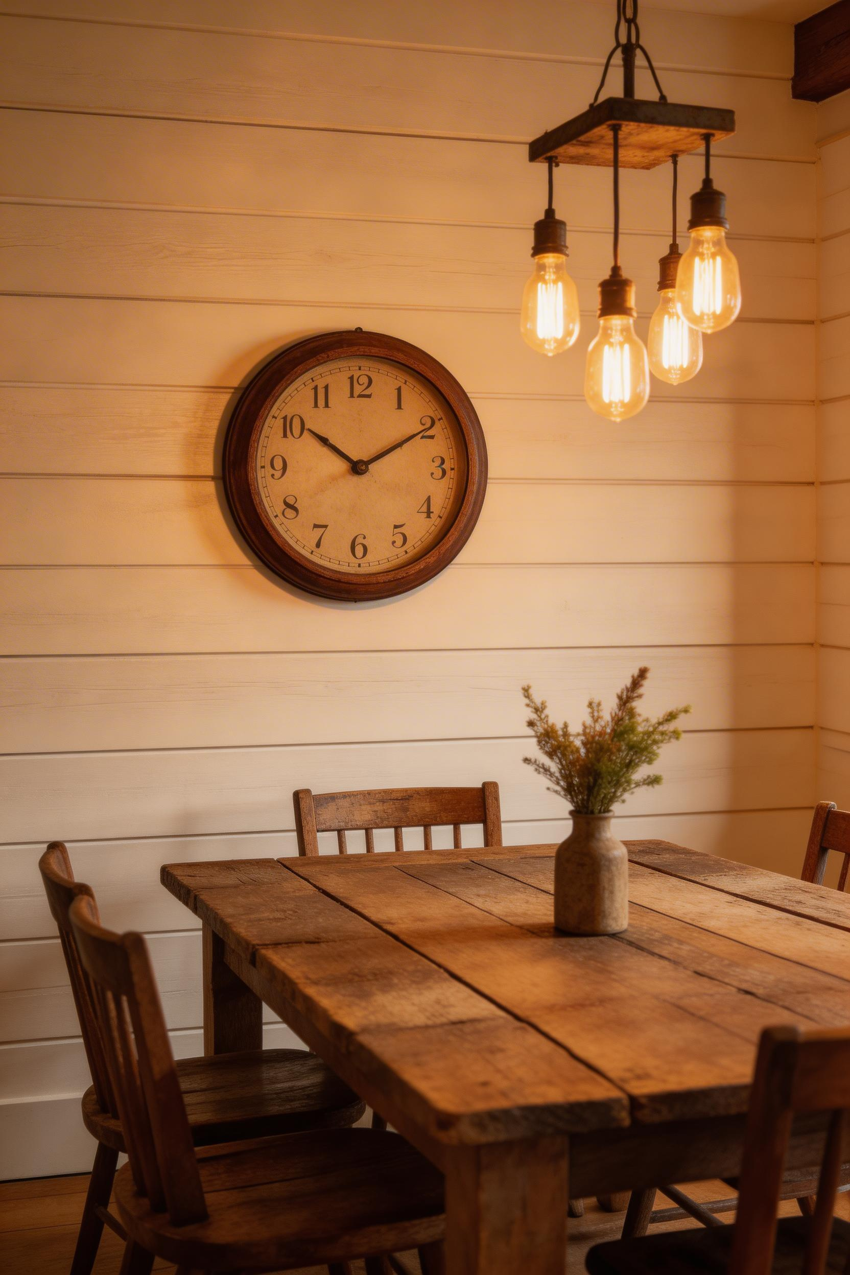 White shiplap behind the dining table adds farmhouse texture and depth that smooth drywall simply cannot replicate, even with the best art collection on the wall.