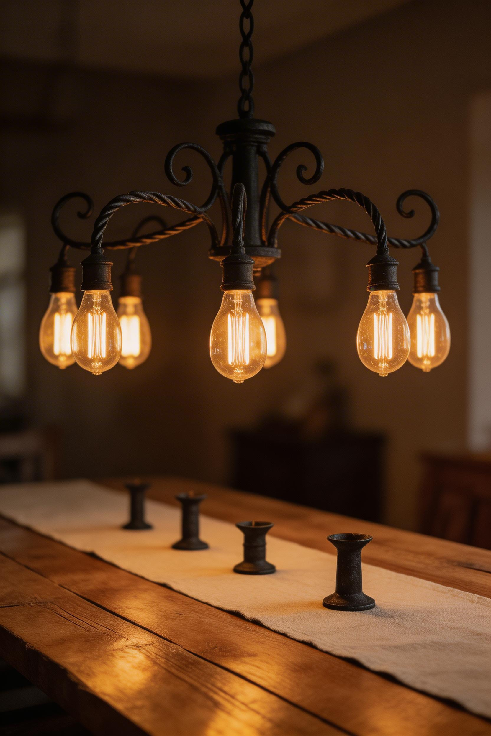 A black farmhouse chandelier with Edison bulbs produces warm amber light that makes wood grain glow and creates the intimate atmosphere a rustic dining room is built around.