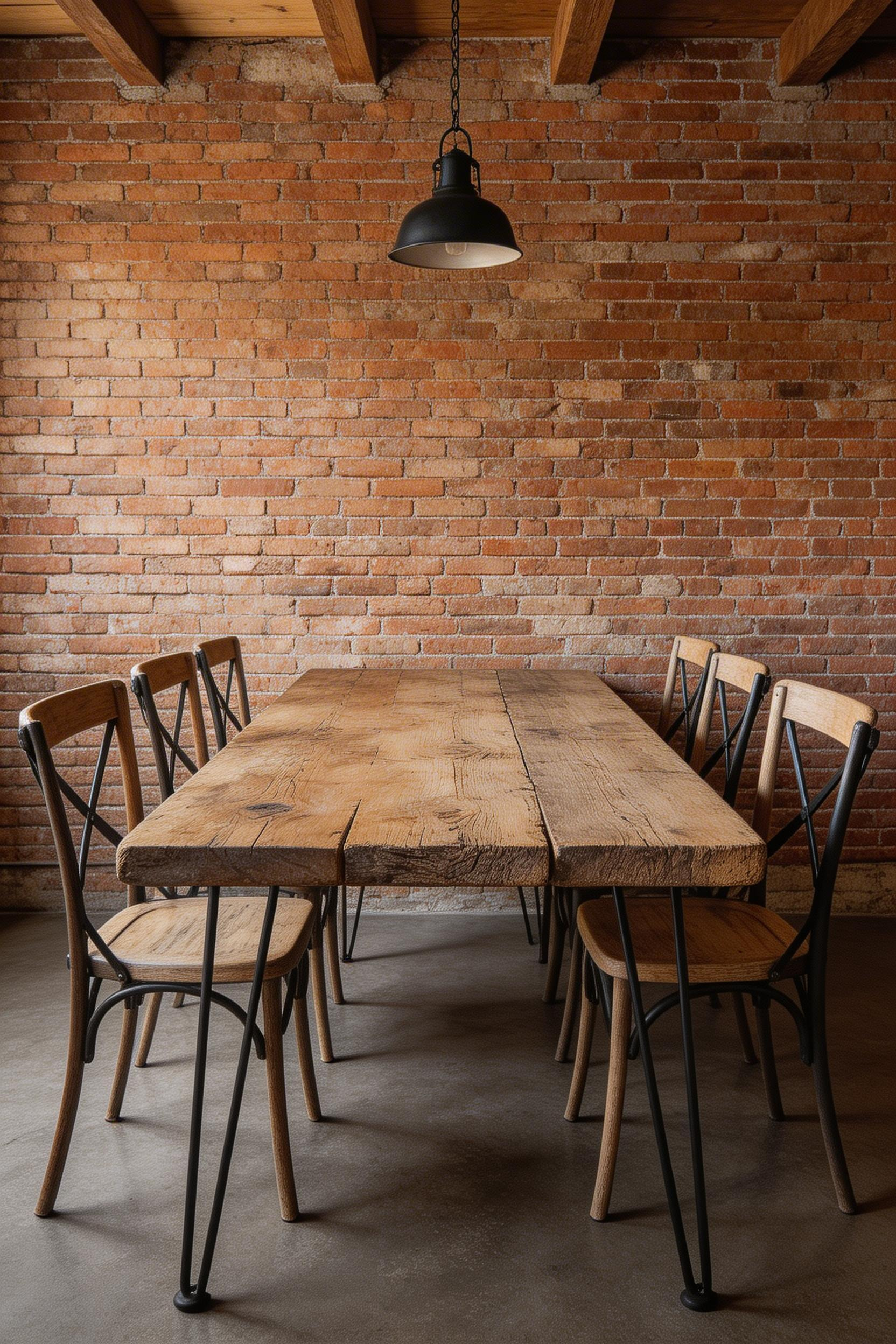 The industrial-rustic hybrid — reclaimed wood tabletop on matte black hairpin legs — brings the crispness and visual contrast that pure rustic can sometimes lack.