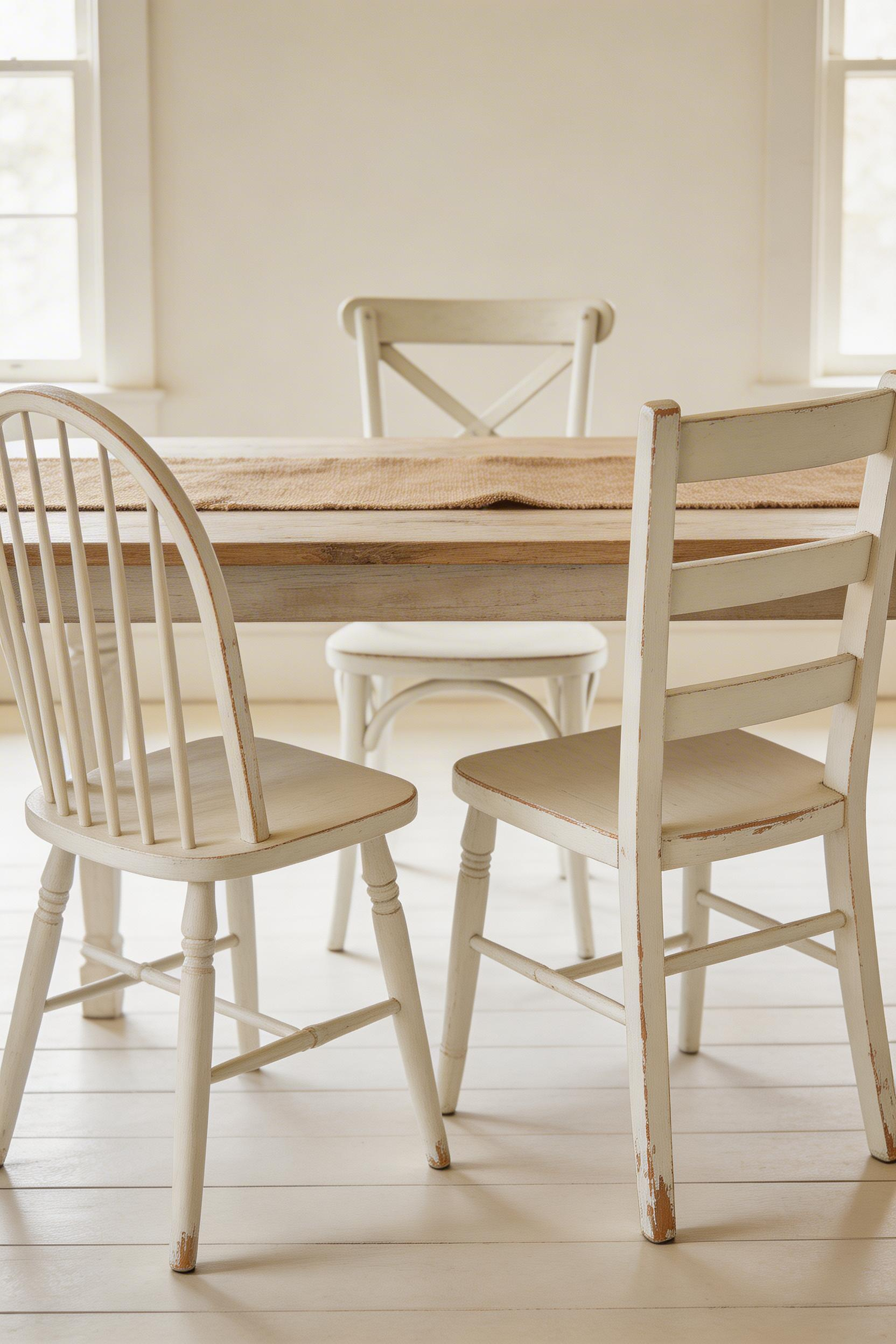 Mismatched thrift store chairs painted the same chalk white look more collected and characterful than any matching set, and they cost a fraction of the price.