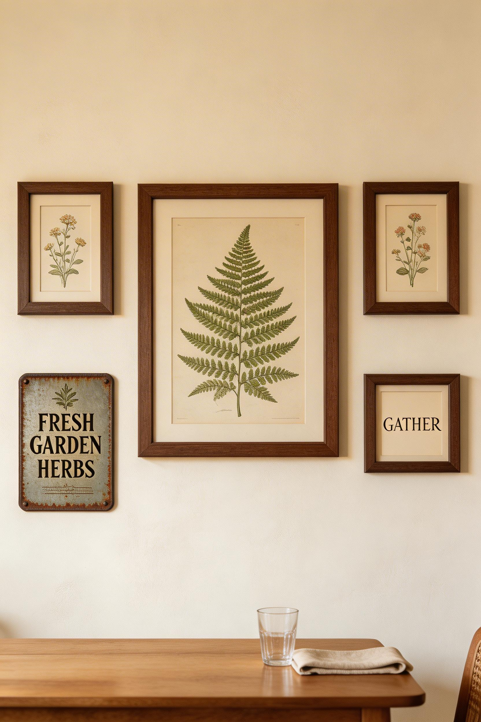 A gallery wall mixing vintage botanical prints with aged tin signs creates the kind of layered, collected wall story that defines a well-lived-in rustic dining room.