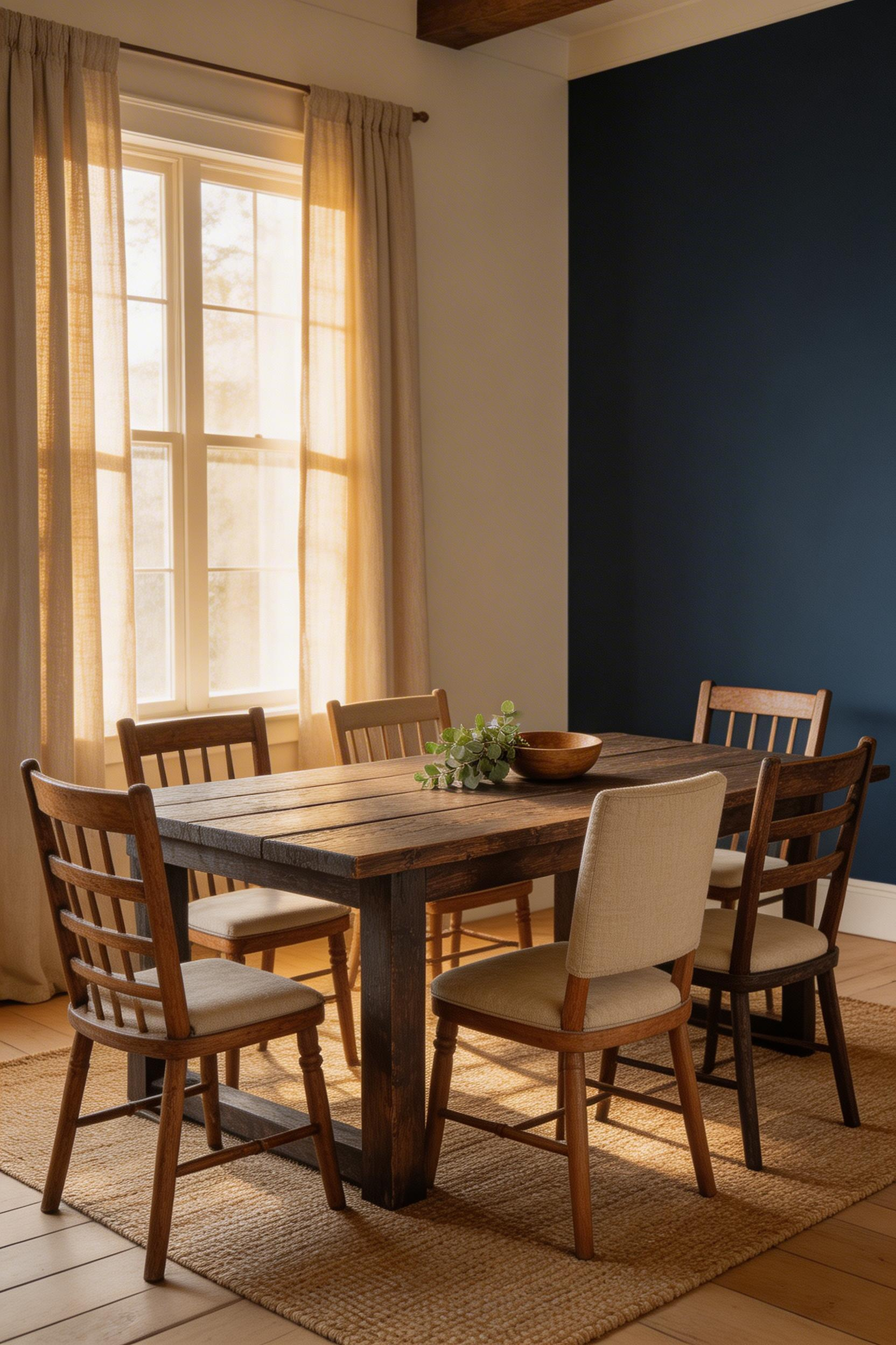 Warm white walls with taupe undertones let wood tones and iron accents carry the room while a navy accent wall adds depth without overwhelming the warmth.