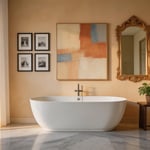 A master bathroom where every wall choice was considered — canvas, gallery, mirror — creating a space that reads as designed rather than decorated.