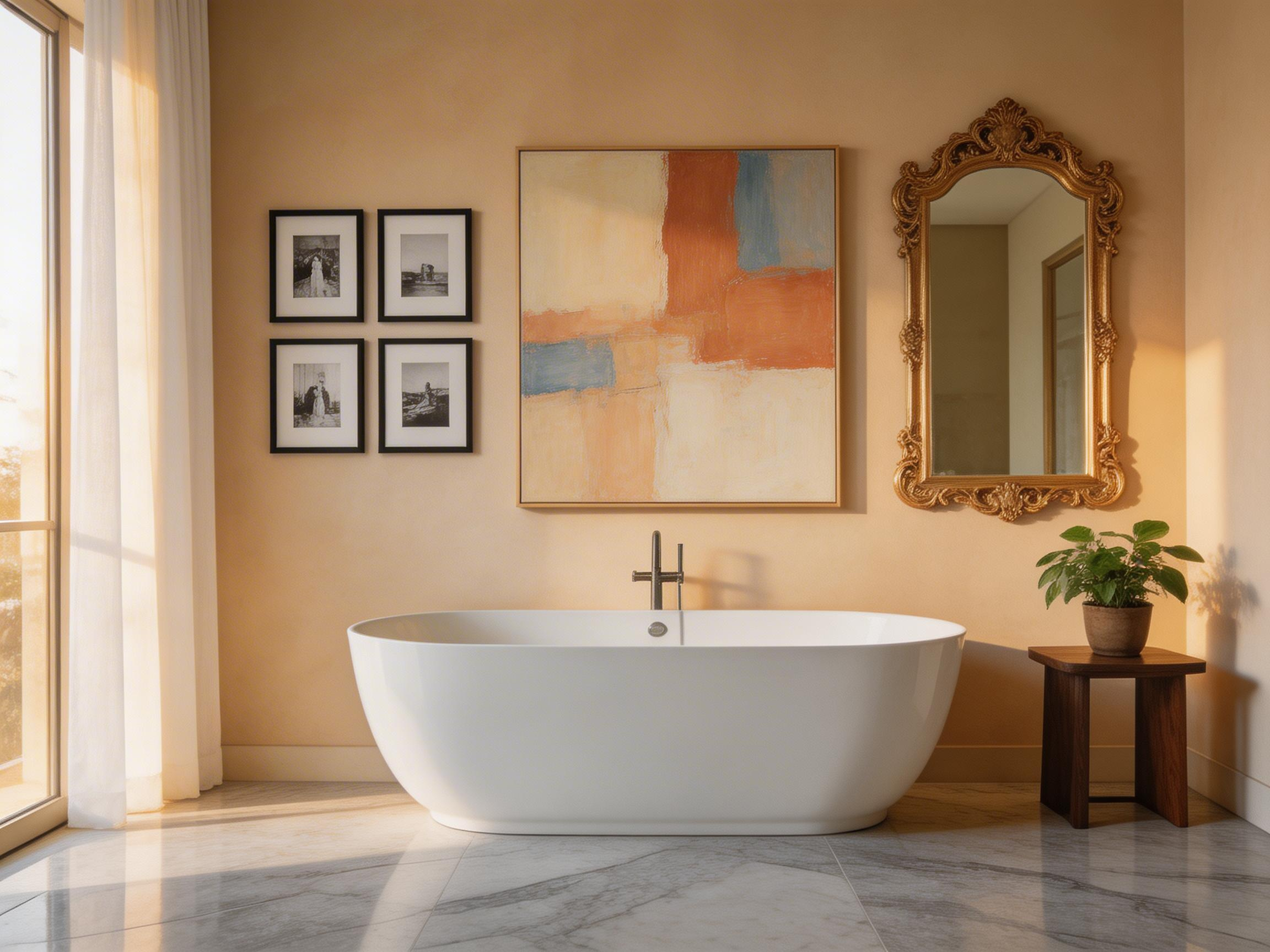 A master bathroom where every wall choice was considered — canvas, gallery, mirror — creating a space that reads as designed rather than decorated.