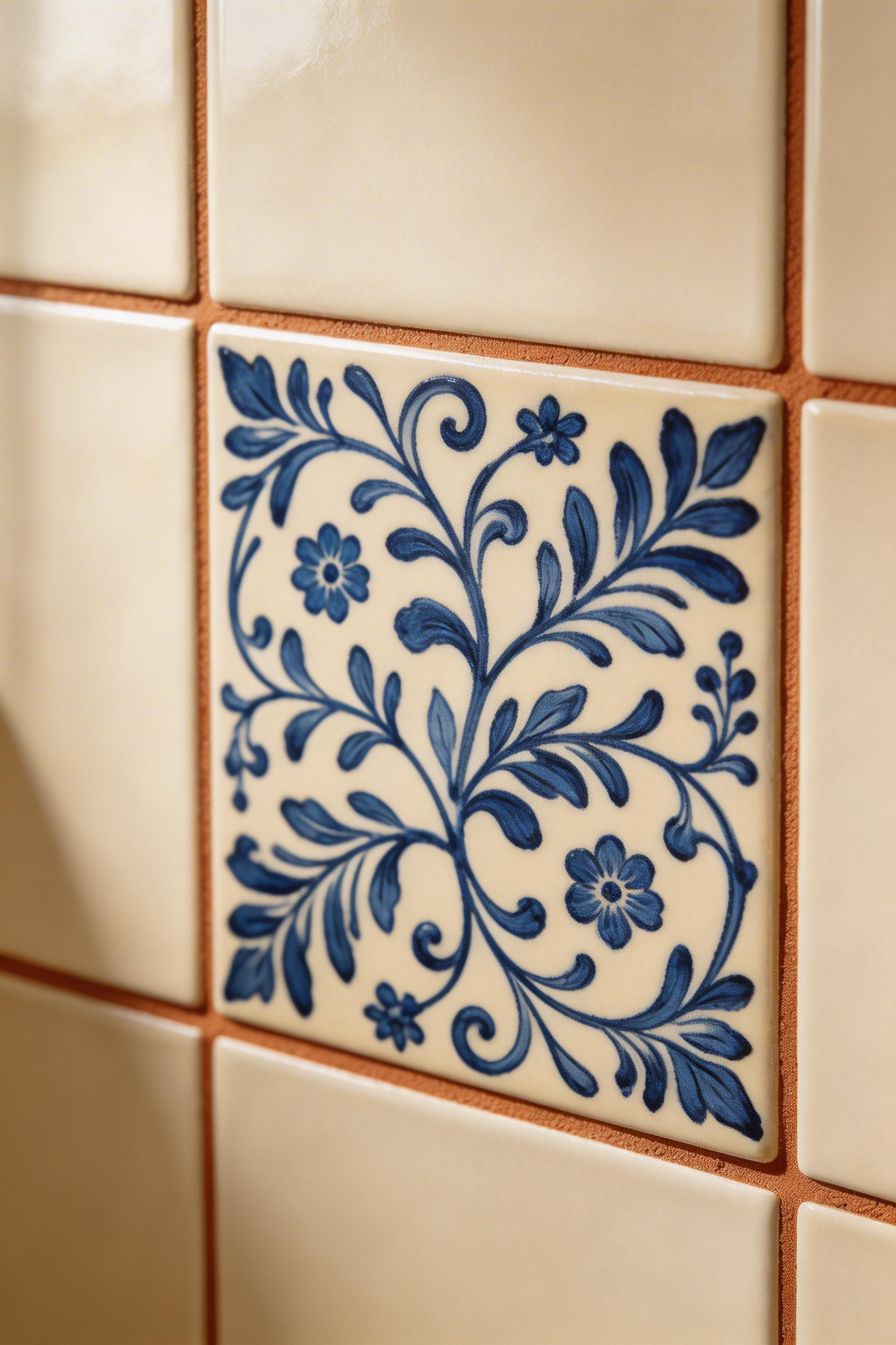 A hand-painted Talavera-style tile panel installed in the shower surround — the only art medium that can safely live in a wet zone.