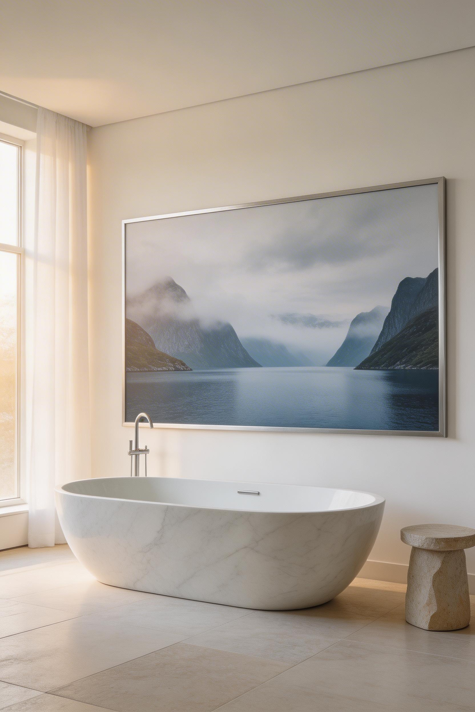 A large-format archival nature photograph printed on aluminium face-mount — the format that best delivers the expansiveness that biophilic bathroom art is designed to create.