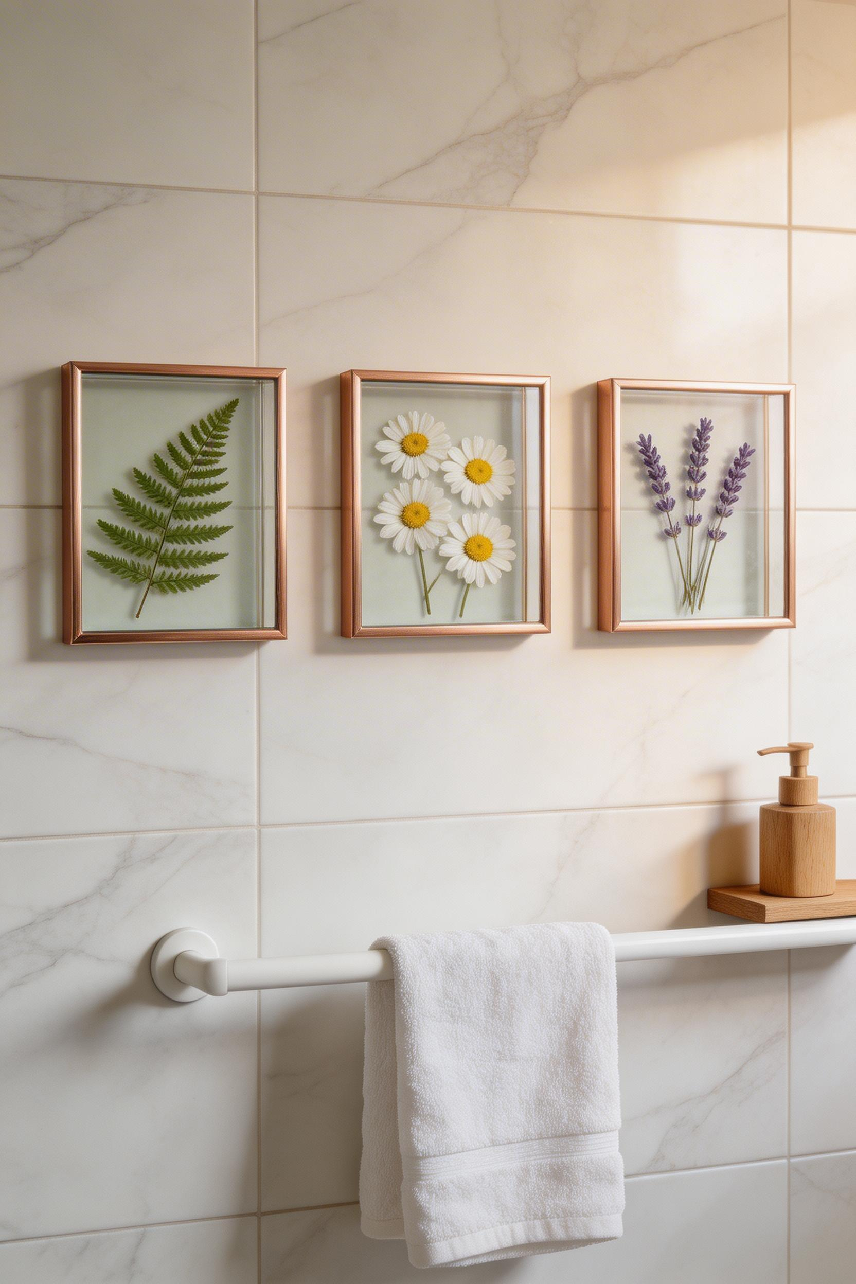 Three copper-edged floating glass frames holding pressed botanicals — the herbarium tradition translated into bathroom art that is both visually distinctive and humidity-stable.