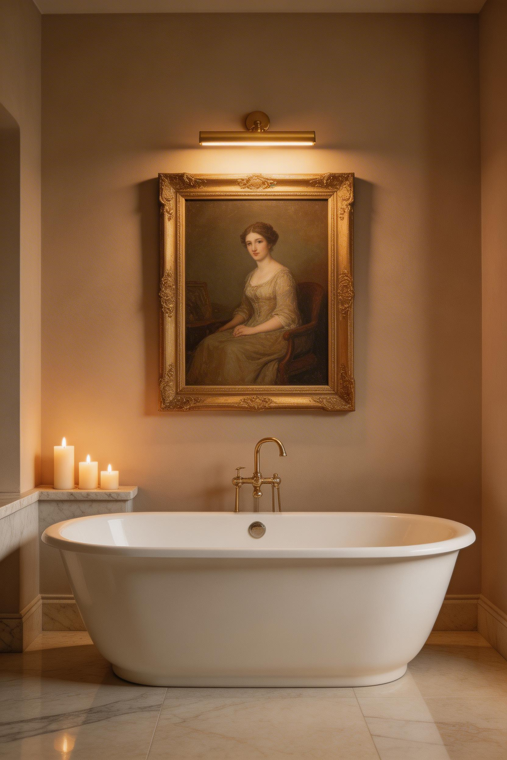 An oil portrait in a gilded frame, lit by a directional picture light — the most personal of all bathroom art ideas, and the one that most directly signals a designed space.