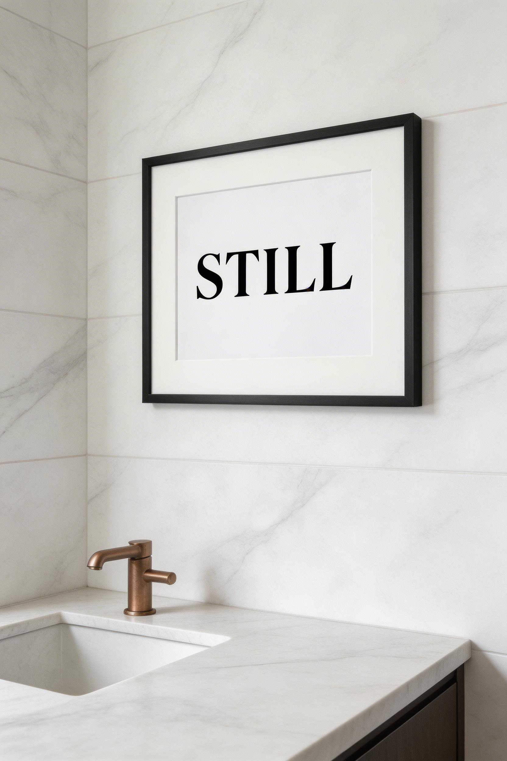 A single word in a considered typeface and generous letter-spacing — the most economical form of bathroom art ideas and often the most revealing.