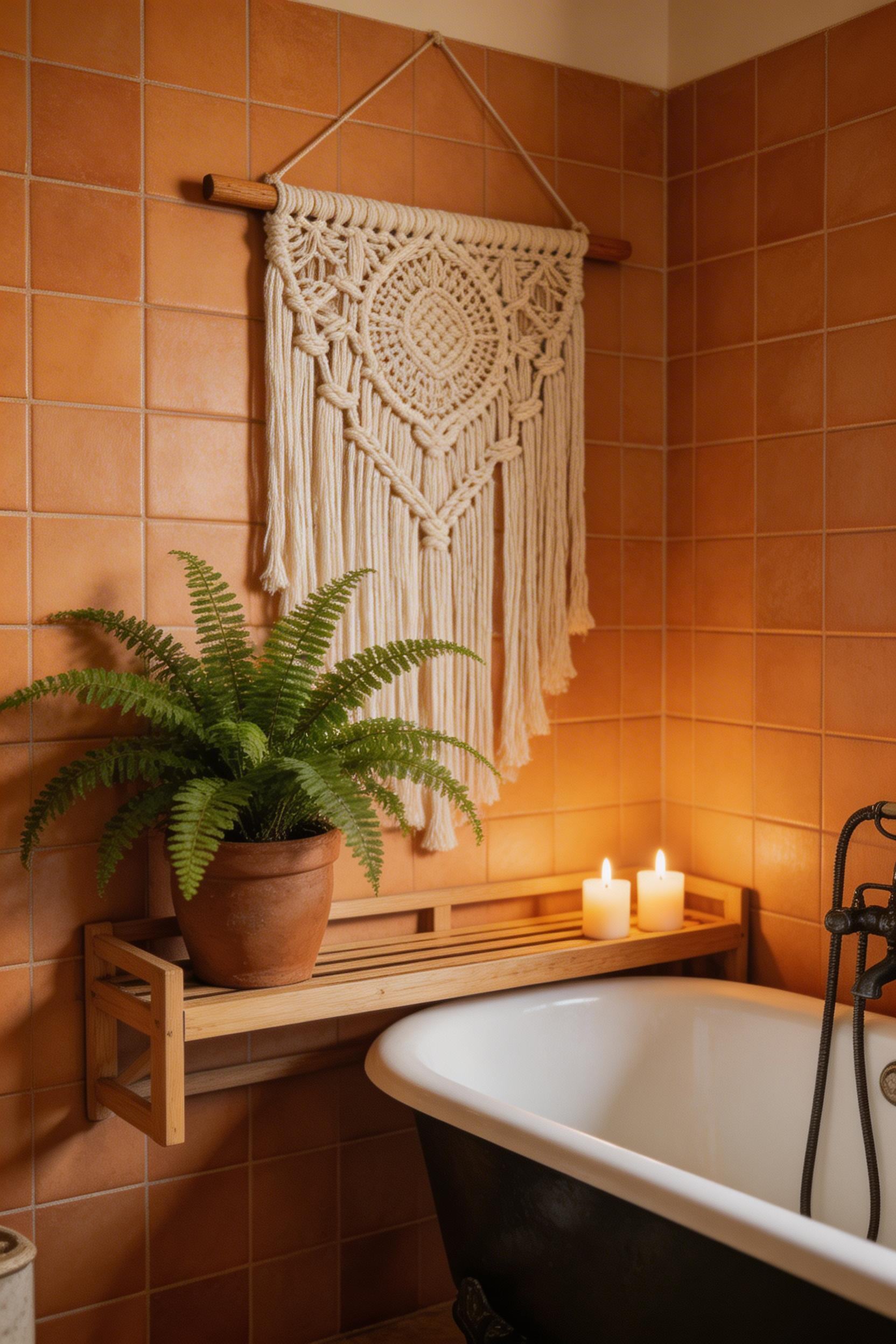 Natural cotton macramé brings tactile warmth to a bathroom that tile and chrome alone cannot provide — the organic contrast that softens a hard-surface interior.