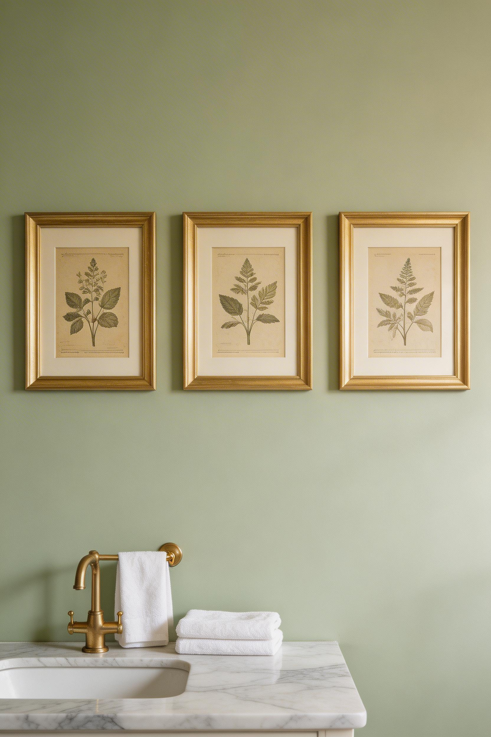 Three matched botanical prints in gilded frames — a collecting approach that reads as intentional rather than decorative.