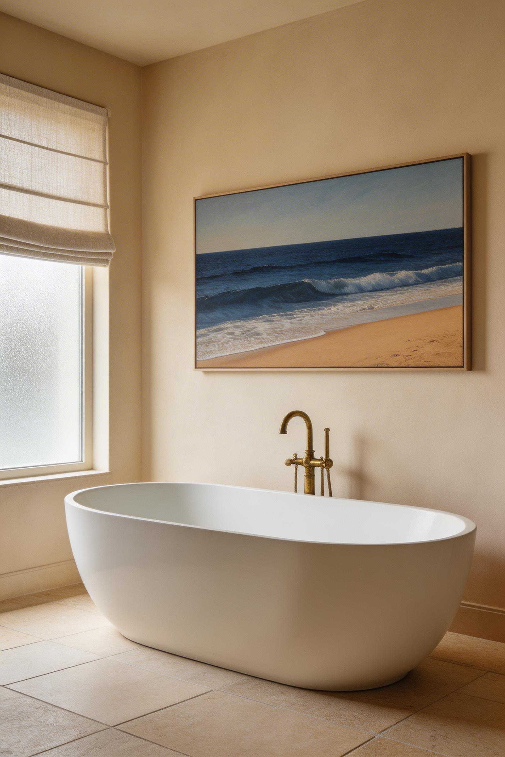 A deep indigo abstract canvas seascape in the 2026 Coastal Calm direction — the aesthetic that separates elevated coastal bathroom art from the souvenir shop.
