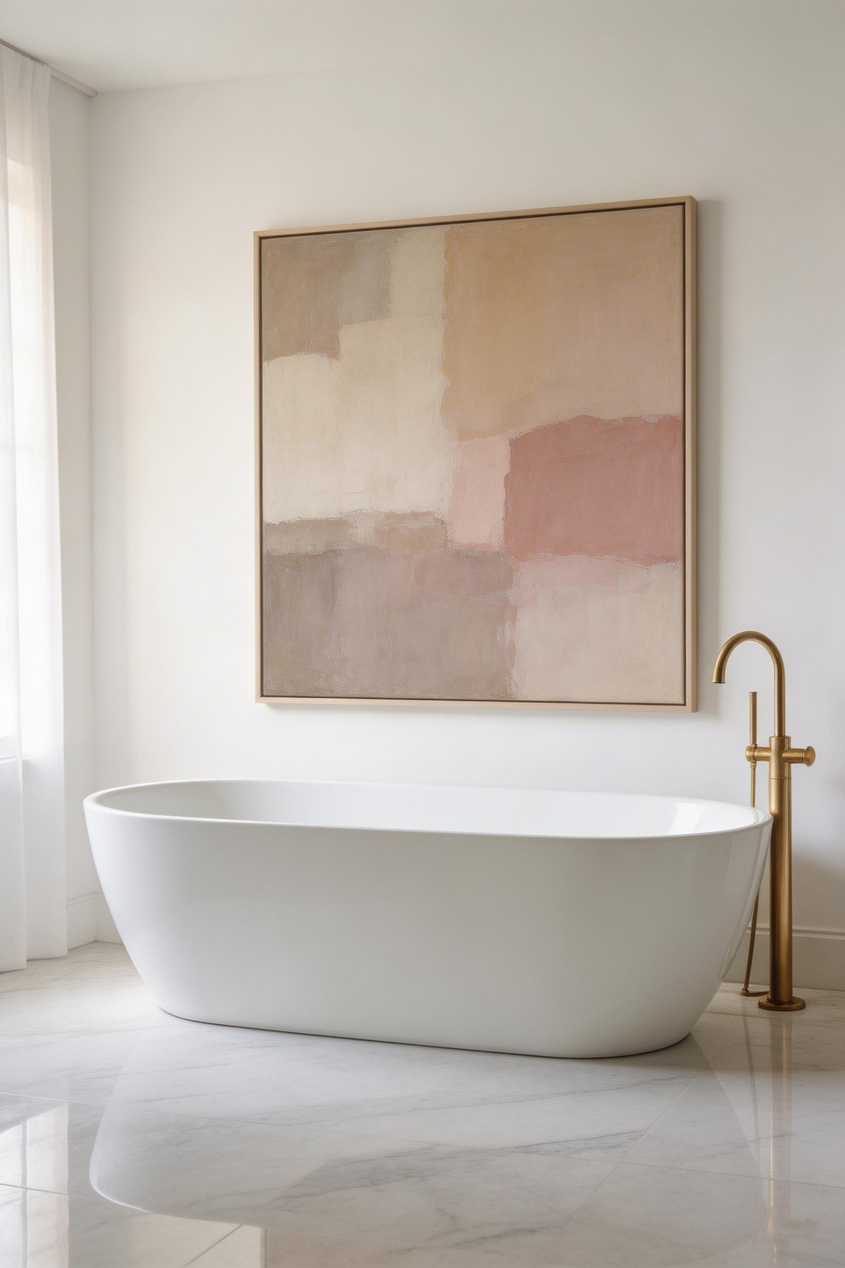 An oversized gallery-wrapped canvas anchors this neutral bathroom, demonstrating how scale alone transforms a functional space into a considered interior.