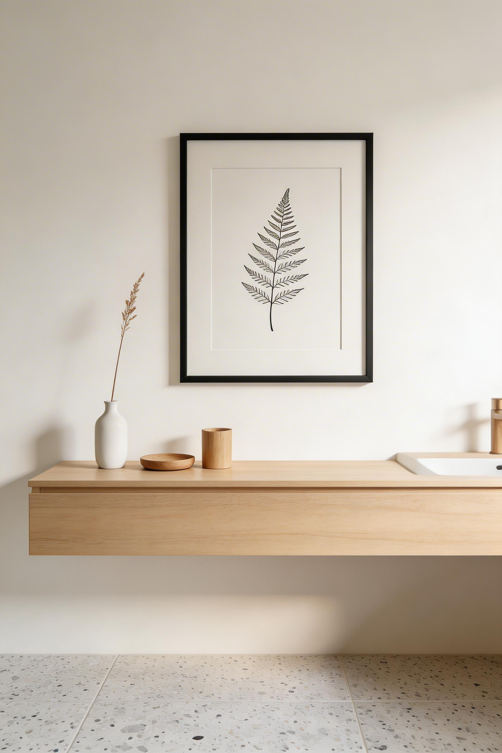 A single-line botanical drawing in a clip frame — the bathroom art choice that communicates restraint and confidence in equal measure.