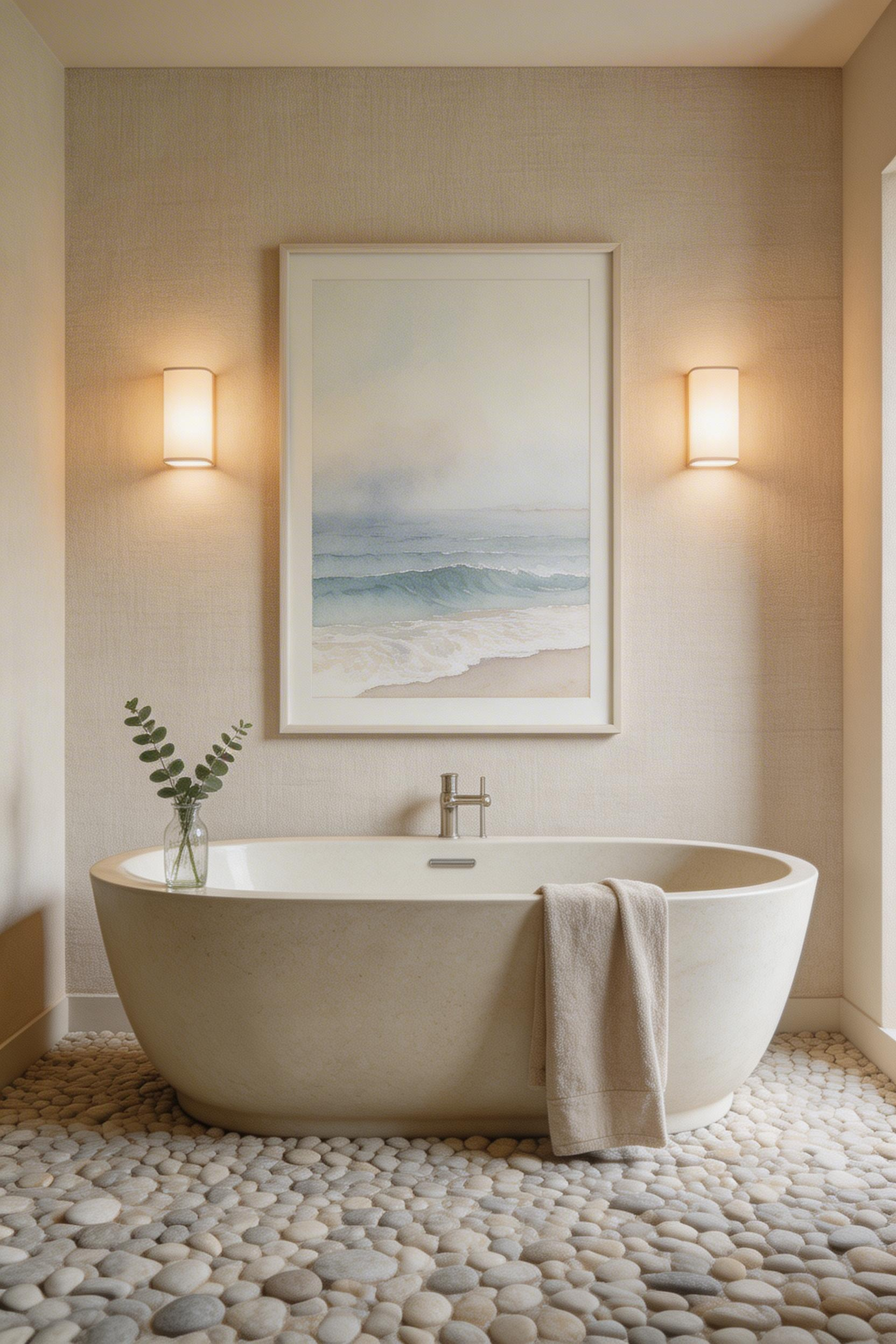 A professional giclée watercolor print on Hahnemühle fine art paper delivers the translucency and warmth that spa-style bathrooms depend on.