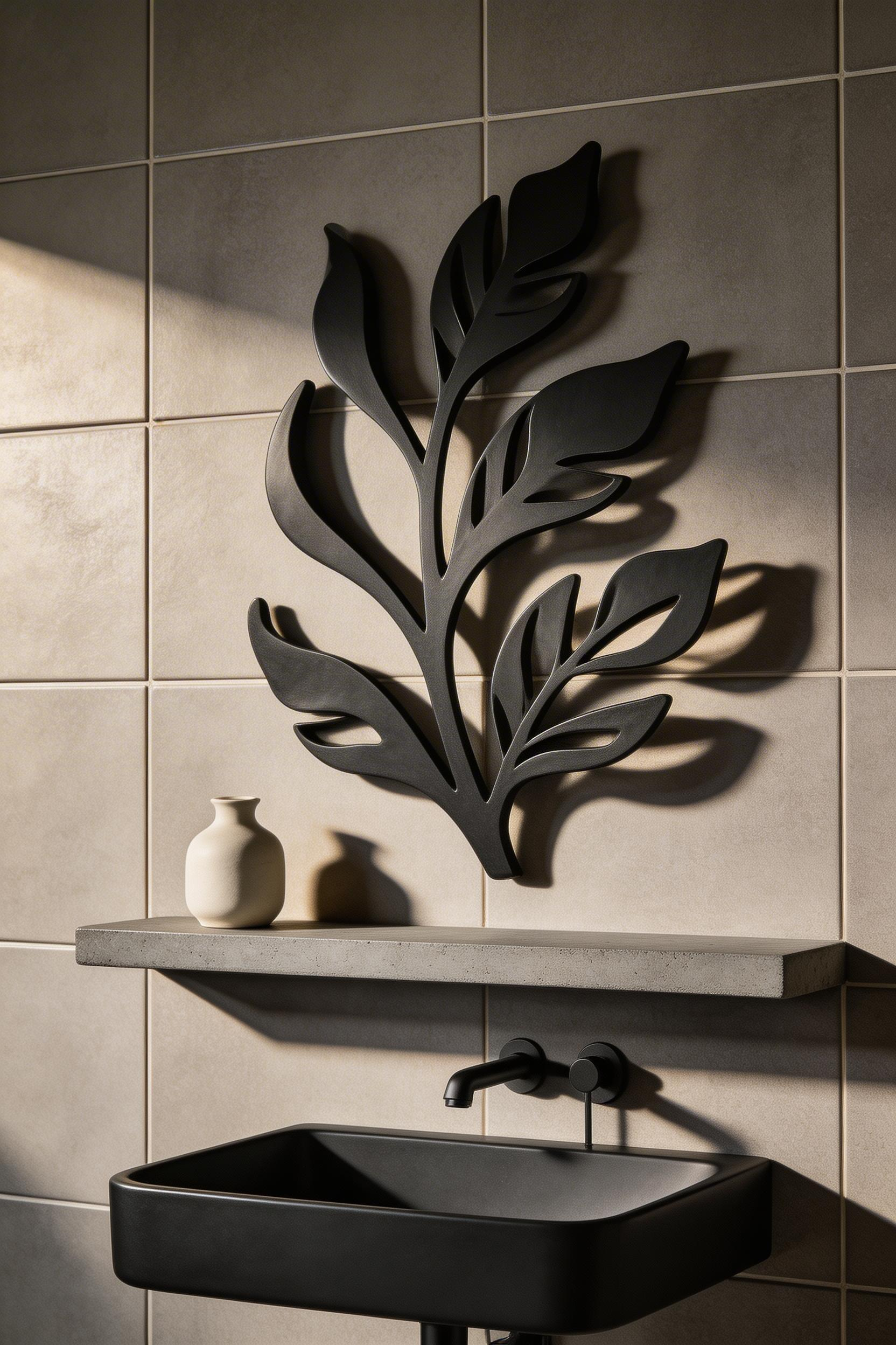 A powder-coated metal wall sculpture casts shadows that shift through the day — bringing the same dimensional quality to a bathroom wall that a painting brings to a gallery.