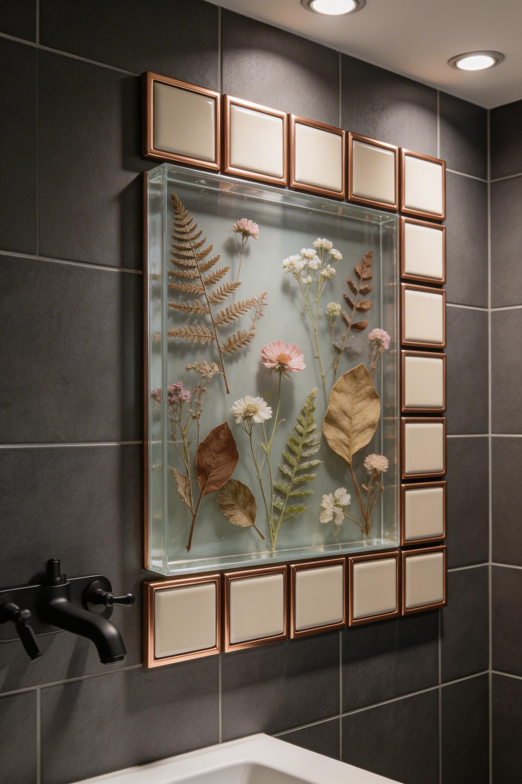A custom mixed-media installation using sealed resin and ceramic elements — the most design-intentional of all bathroom art categories, and more accessible to commission than most homeowners expect.
