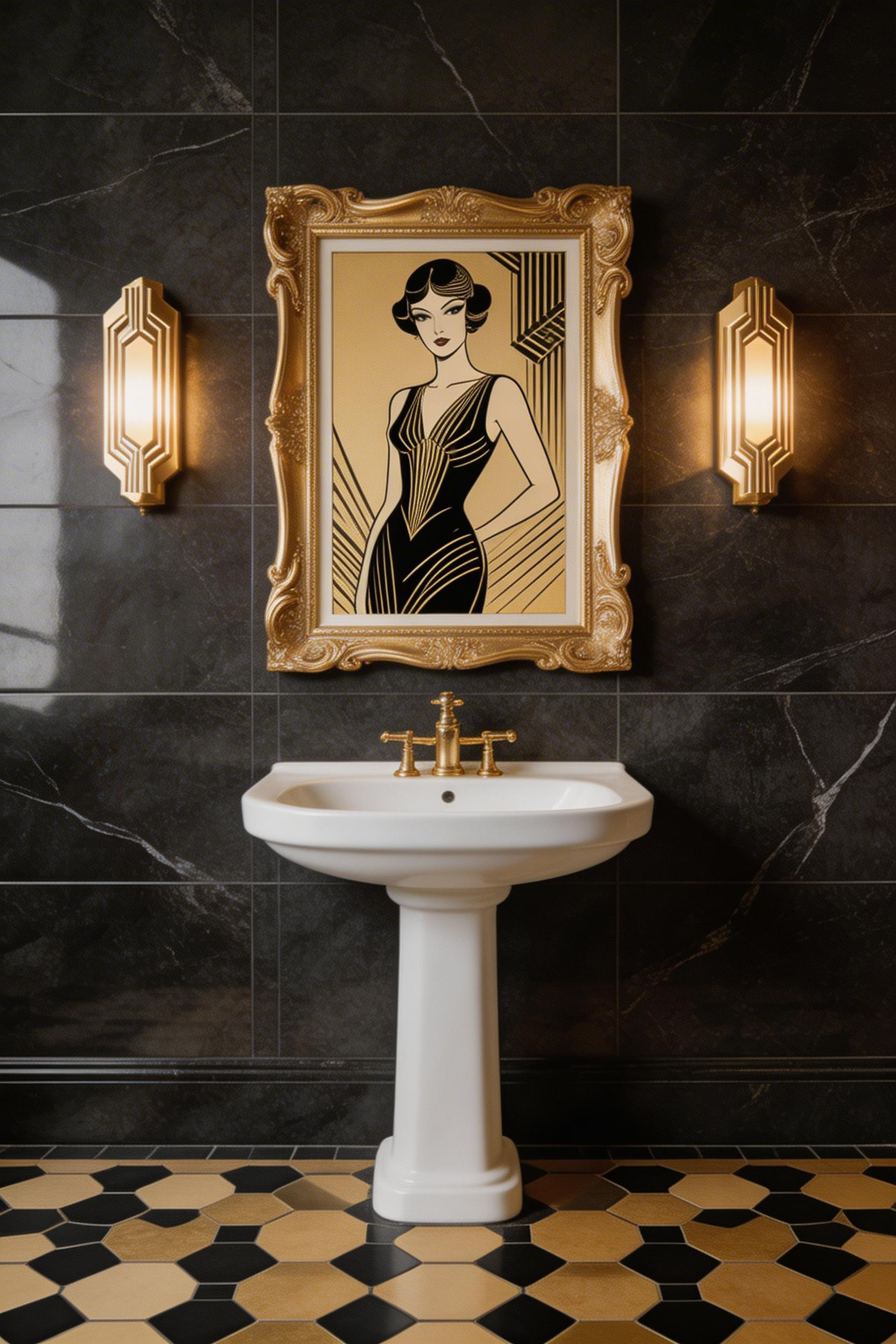 A framed Erté reproduction in a gilded surround above a pedestal sink — one strong Art Deco piece is an interior; several competing ones become a museum installation.