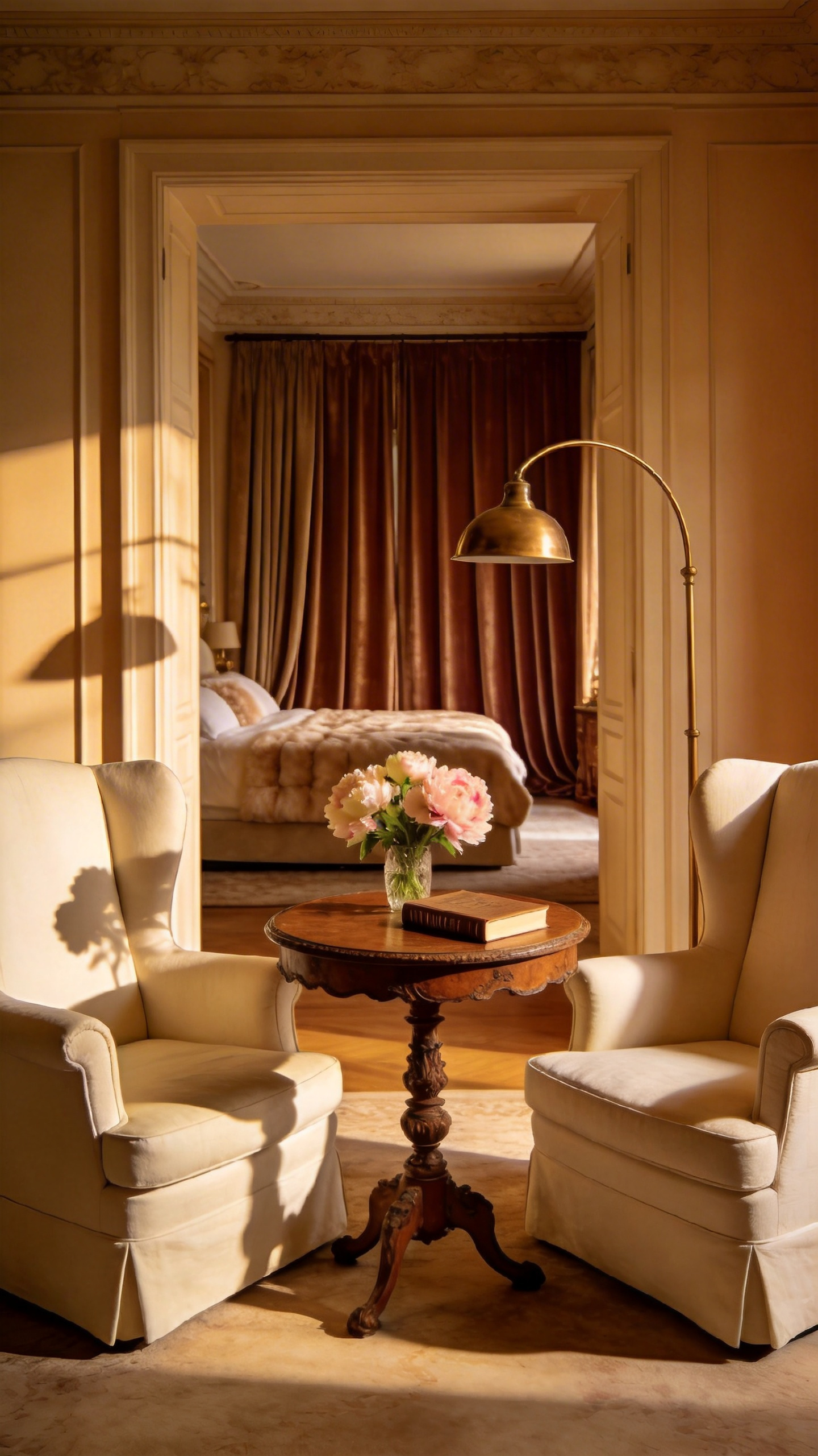 A luxurious bedroom seating nook featuring two cream armchairs and a small table designed for screen-free connection.