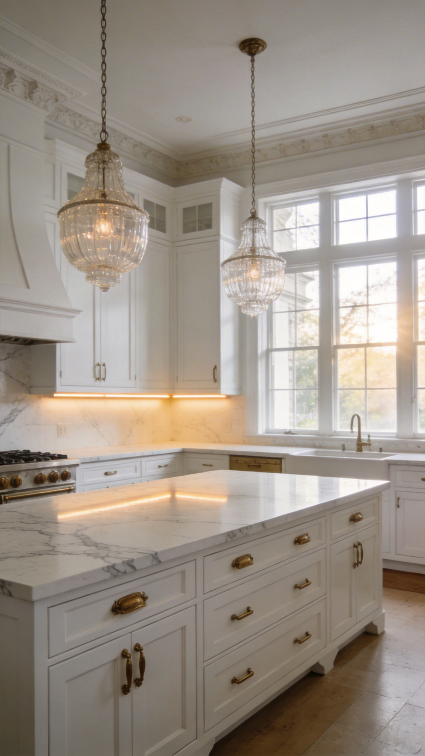 A bright and airy luxury white kitchen featuring marble countertops, brass hardware, and designer pendant lighting with warm illumination.