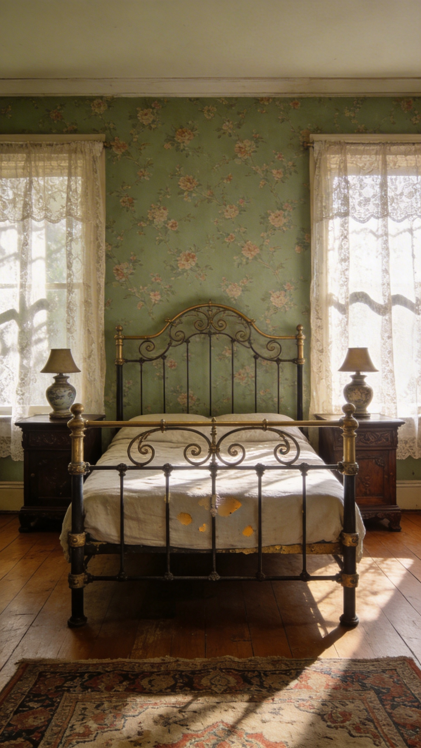 A vintage master bedroom featuring an authentic 19th-century wrought iron bedstead and carved walnut furniture in natural morning light.
