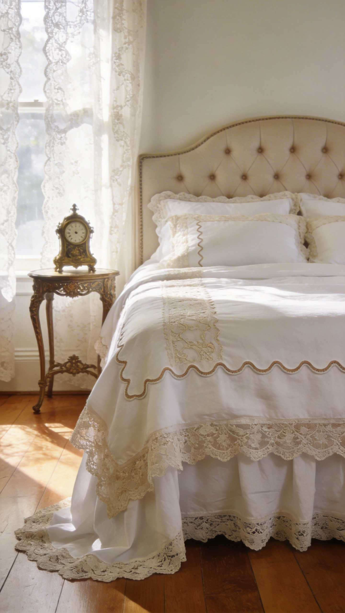An elegant vintage bedroom scene featuring layered scalloped linens and antique lace on a bed illuminated by natural sunlight.