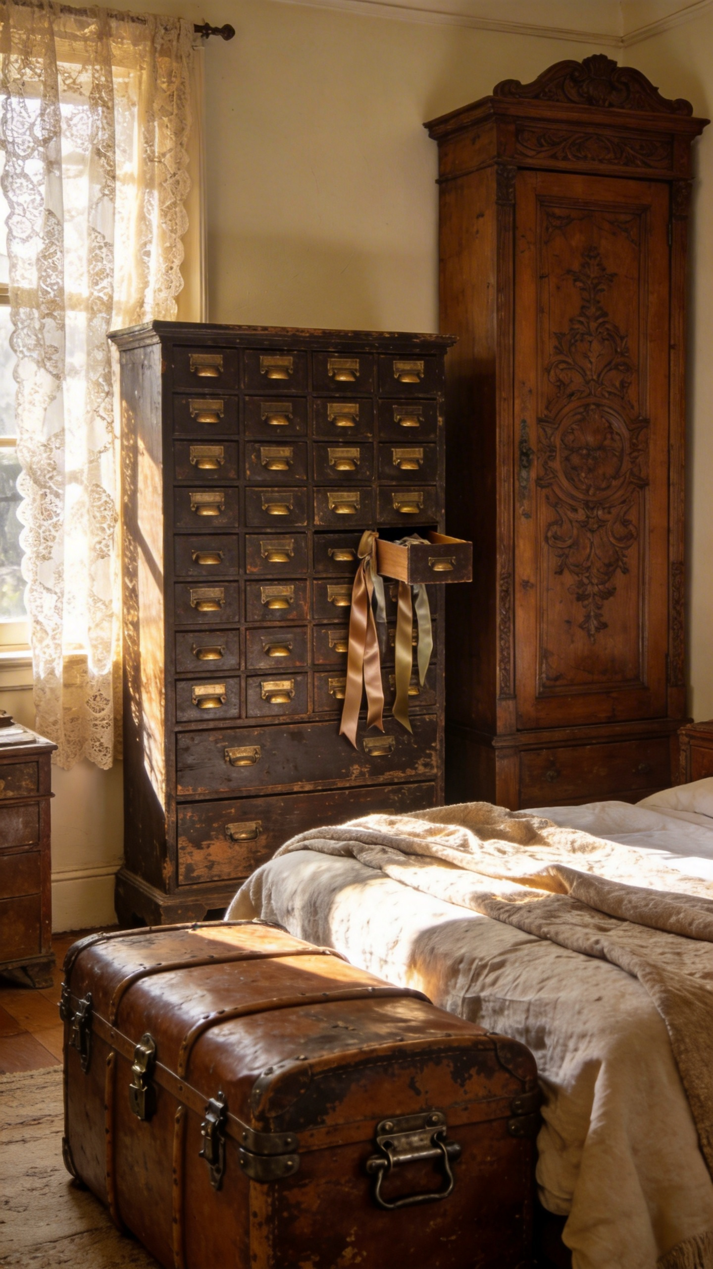 A sophisticated vintage bedroom featuring an antique armoire, a multi-drawer apothecary cabinet, and a rustic steamer trunk used for storage.
