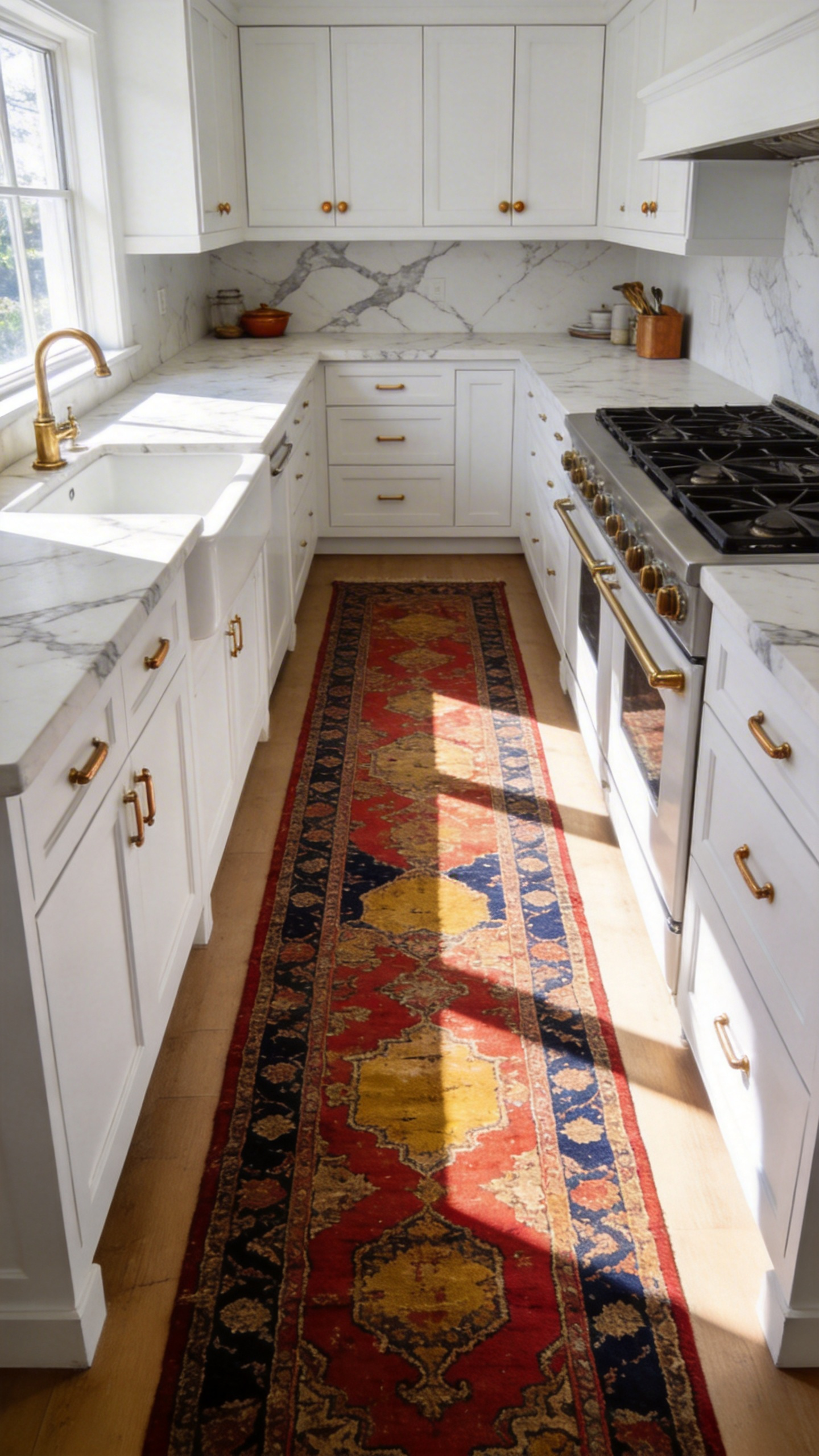 A long vintage Persian runner rug with red and ochre patterns on a light hardwood floor in a modern white kitchen with marble countertops.