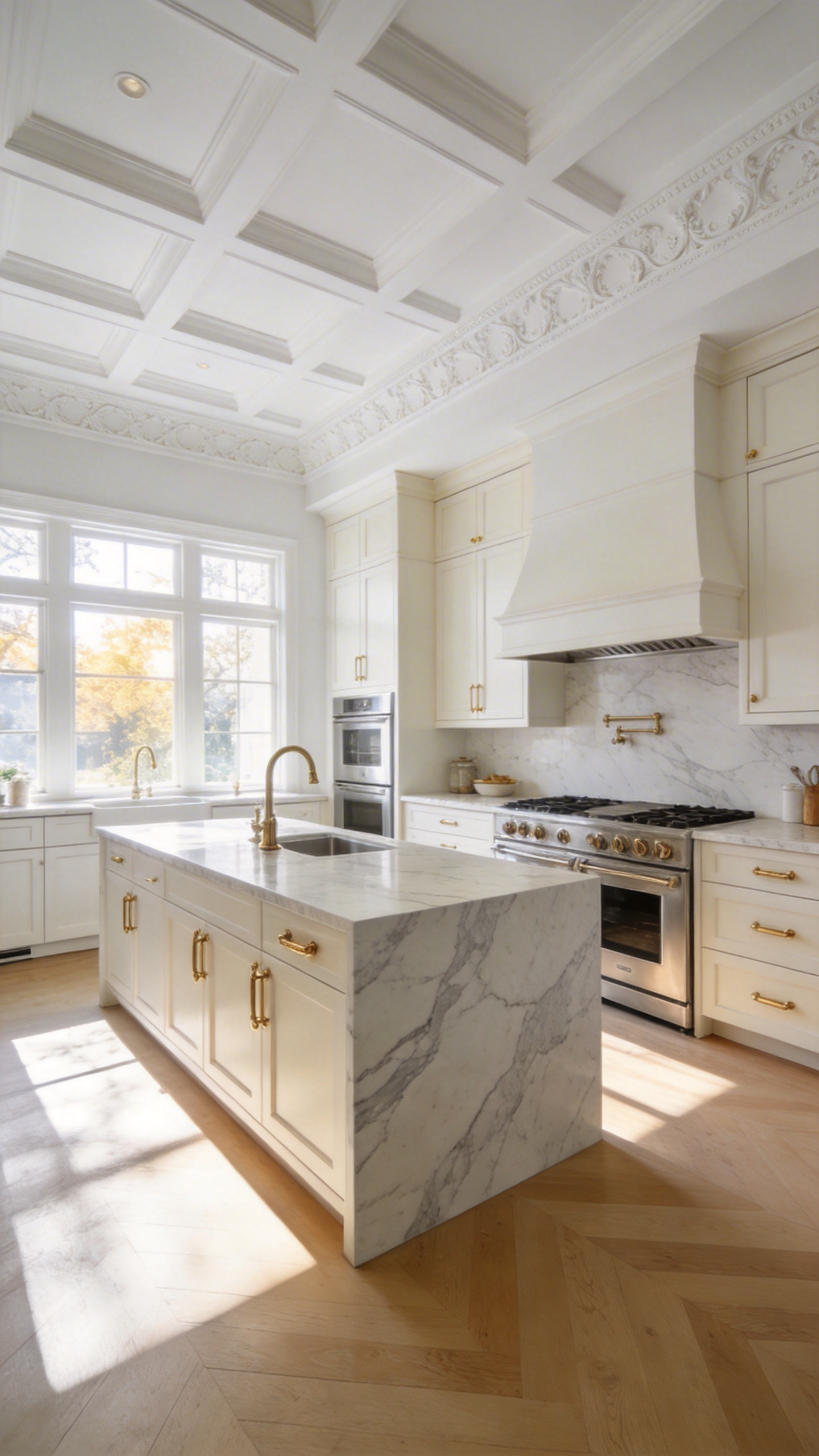 A bright and spacious luxury kitchen featuring warm white cabinetry and pure white walls with marble countertops and brass accents.