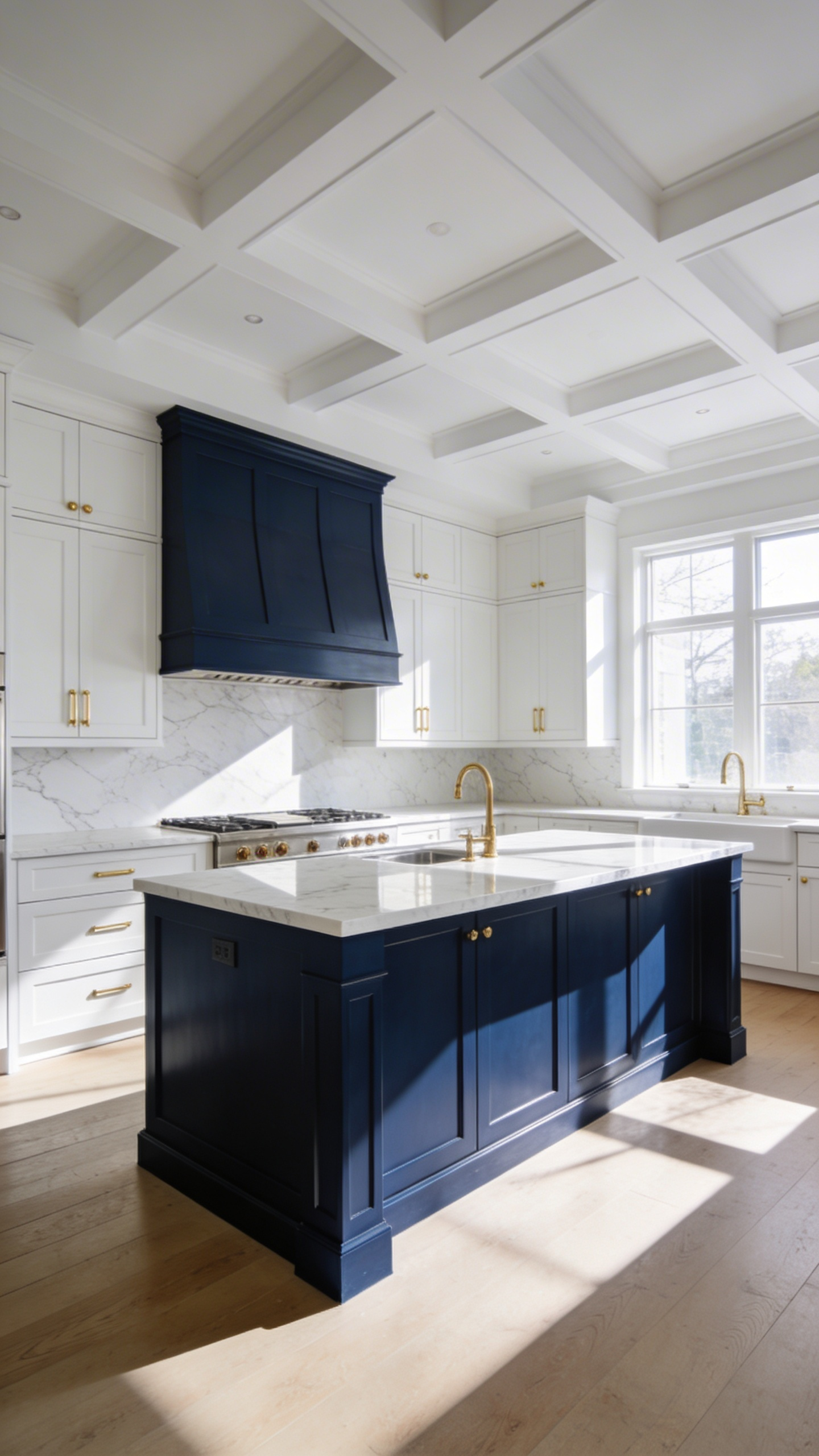 A bright white kitchen featuring a large contrasting navy blue island and marble countertops.