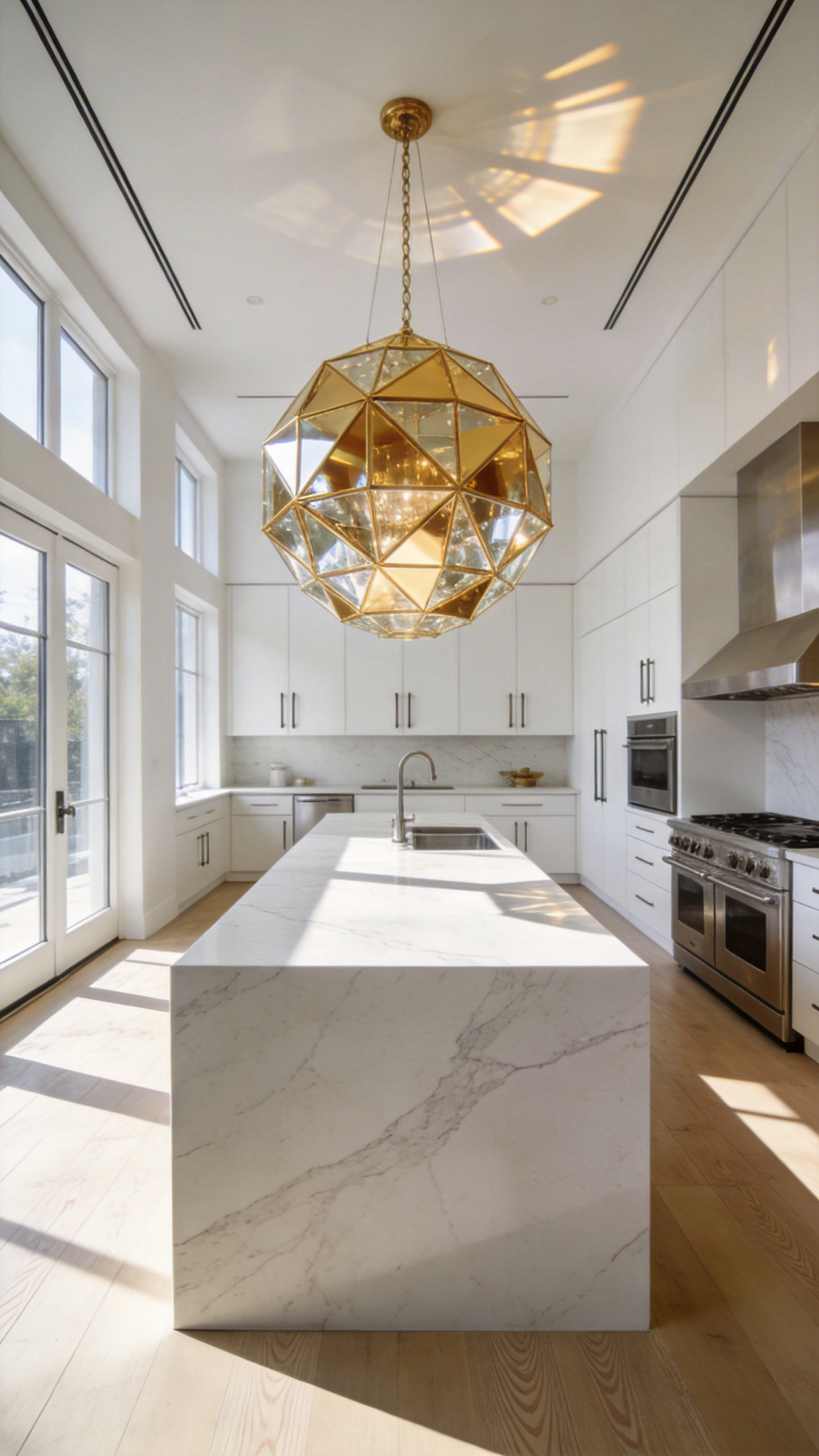 A luxury white kitchen featuring a single oversized gold pendant light fixture centered over a white marble island.