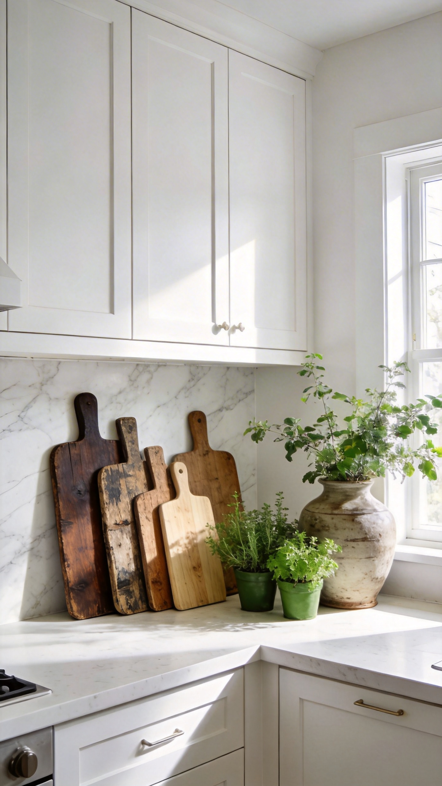 A bright white modern kitchen featuring reclaimed wood cutting boards and green potted plants on a white quartz countertop.
