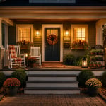 A complete front porch at golden hour — rocking chairs, seasonal wreath, window boxes in bloom, and solar lanterns glowing — showing what thoughtful decorating looks like when it all comes together.