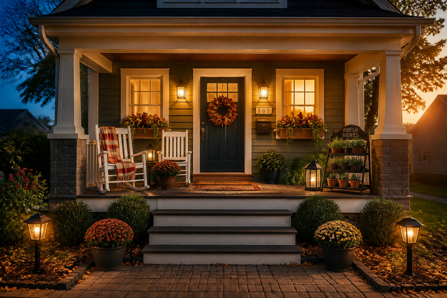 A complete front porch at golden hour — rocking chairs, seasonal wreath, window boxes in bloom, and solar lanterns glowing — showing what thoughtful decorating looks like when it all comes together.